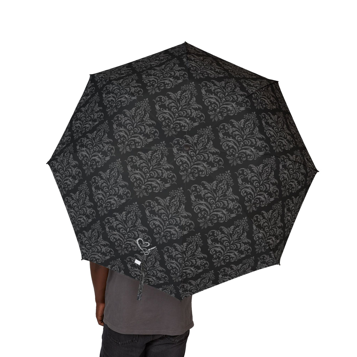 Compact Foldable Umbrella — Black Damask Semi-Automatic Travel Umbrella