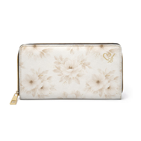 Soft Bloom-Floral Zipper Wallet — Soft Neutral Watercolor Daisy Wallet with Gold Accent