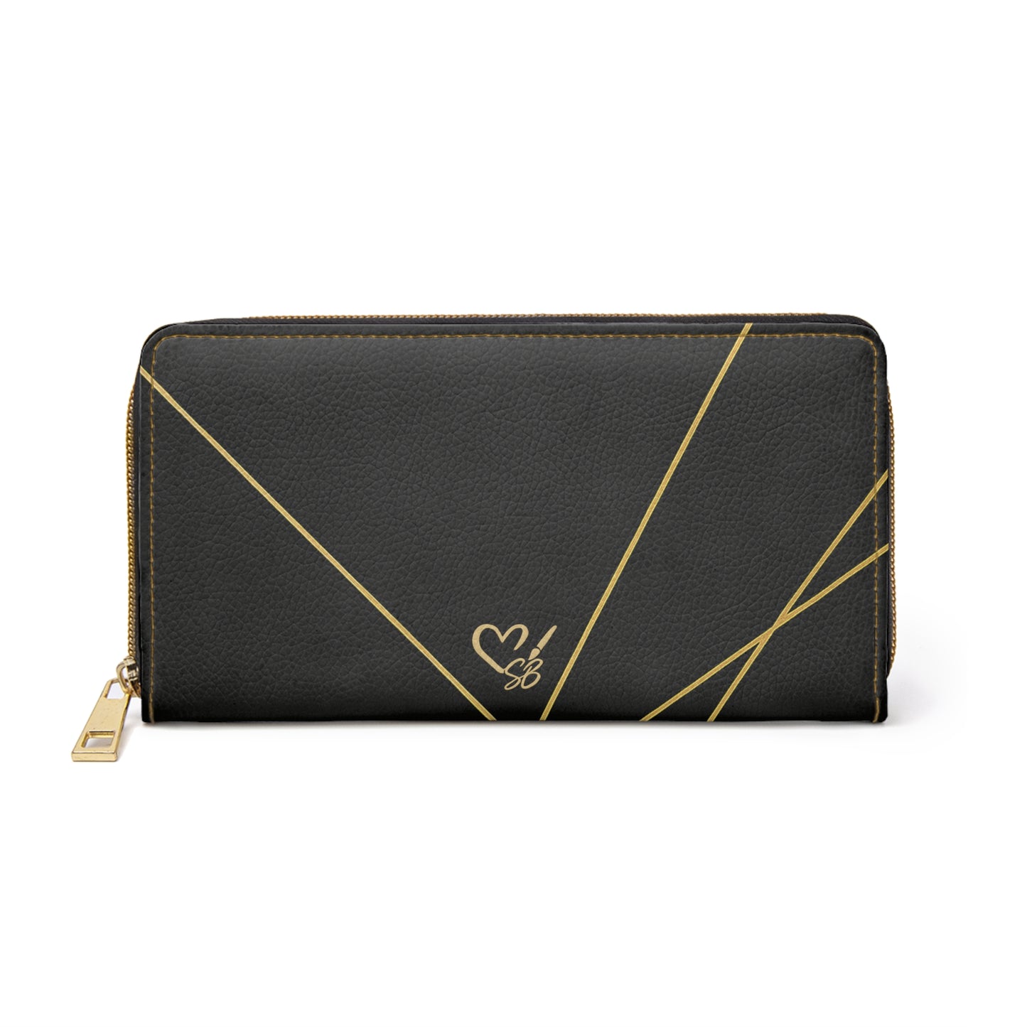 Michelle zipper wallet with gold geometric lines – elegant black PU leather cardholder clutch by the Soulful Brush
