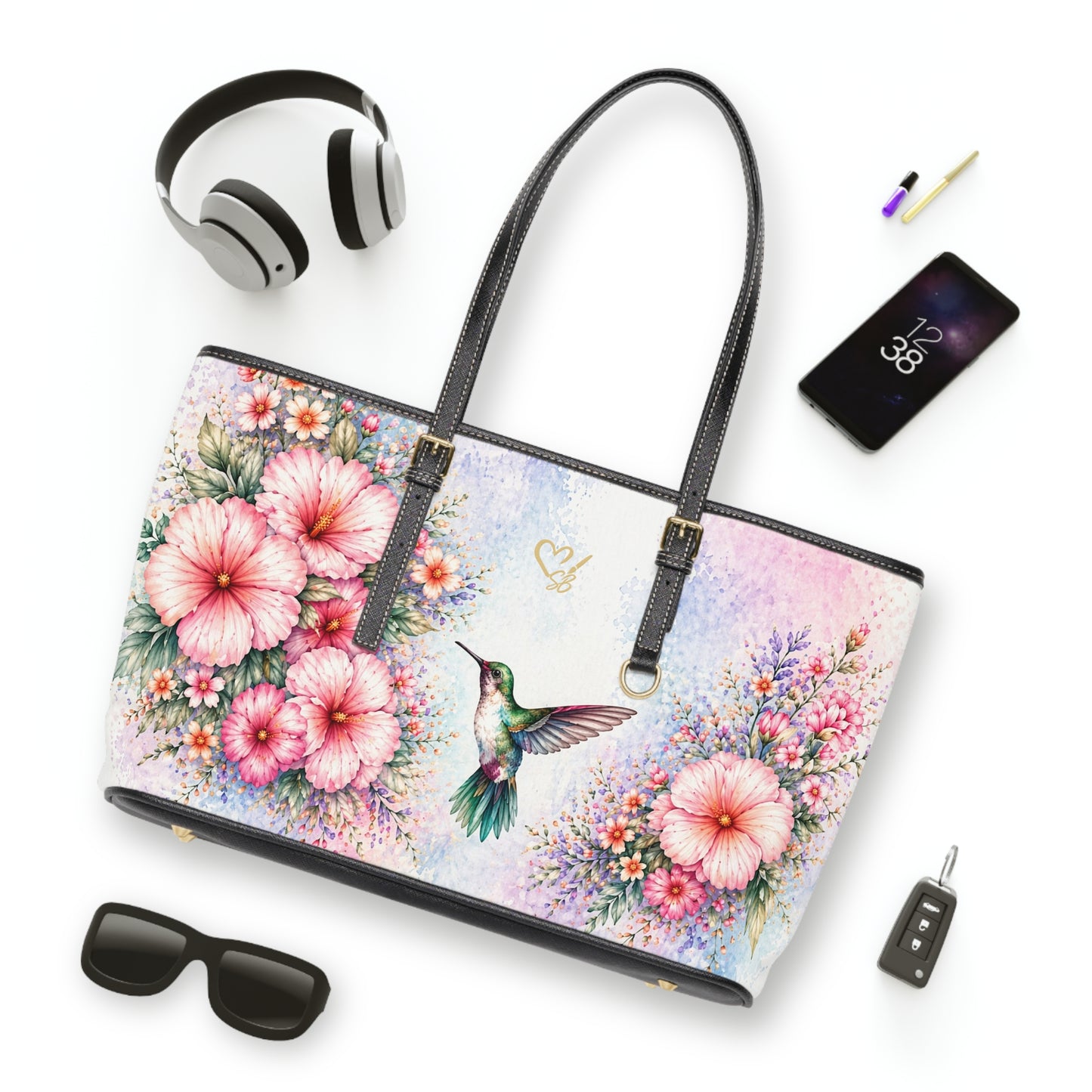 Lila Artisan Luxe PU leather shoulder bag 16x10 flat lay – watercolor floral hummingbird print everyday shoulder bag by the Soulful Brush
