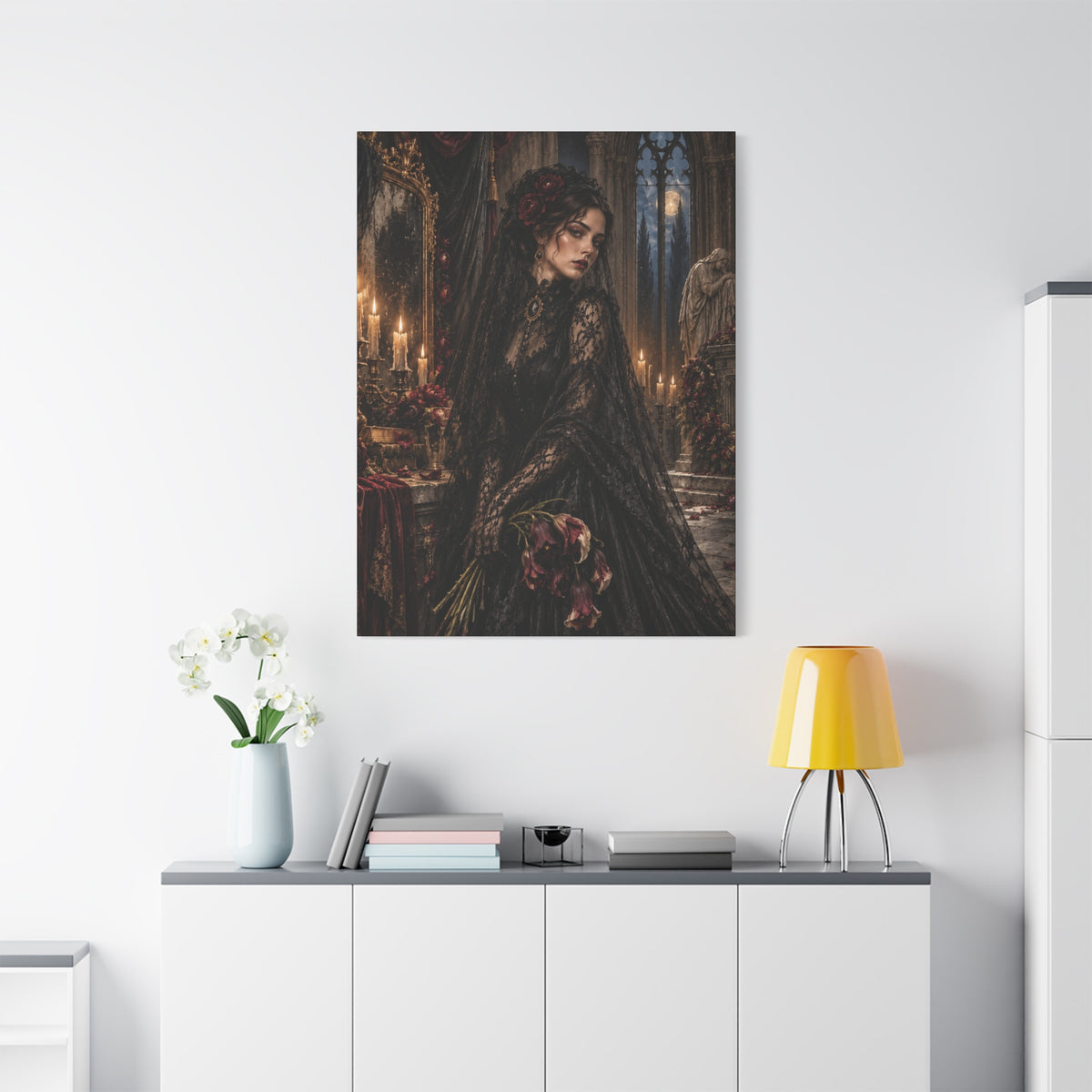 Gothic Mourning Lady Matte Canvas Print — Rose for the Departed-Victorian Dark Romantic Wall Art