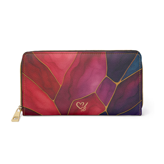 Shelby zipper wallet front view – vibrant jewel-tone marble print PU leather zip-around wallet by the Soulful Brush
