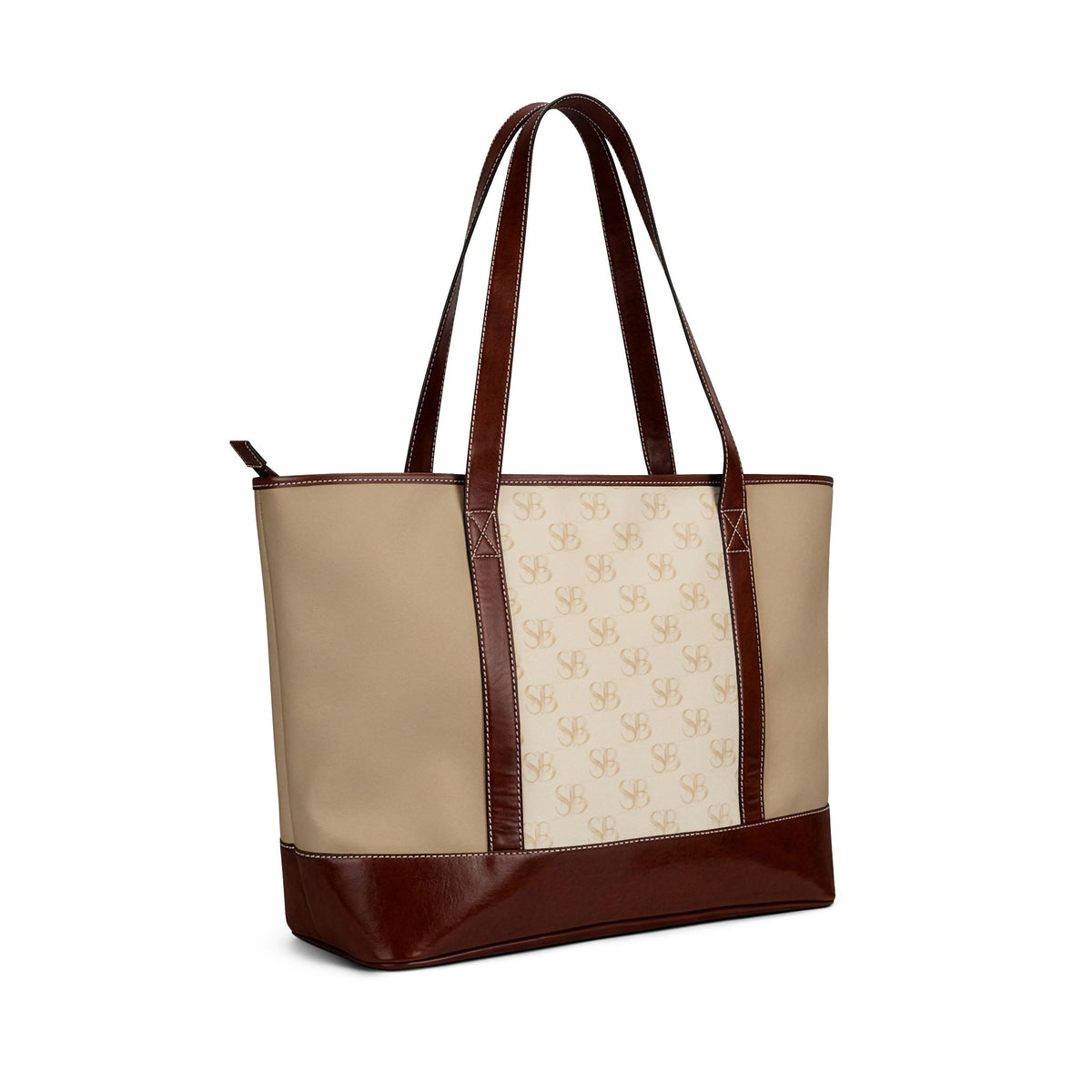 Monogram Canvas Tote Handbag – Beige & Brown Classic Logo Shoulder Bag