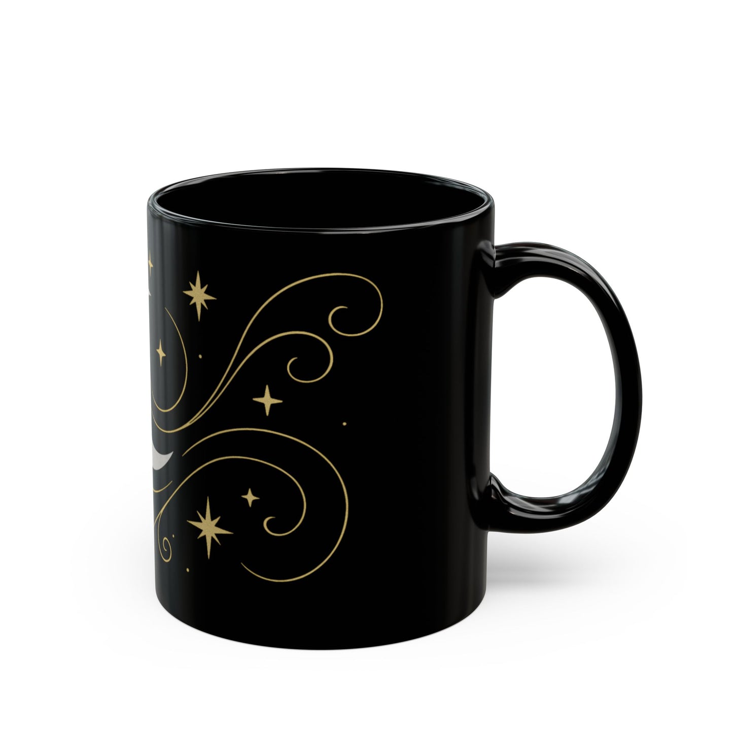 Astrology Sun & Stars Black Mug — Gold Celestial Coffee Cup (11oz/15oz)