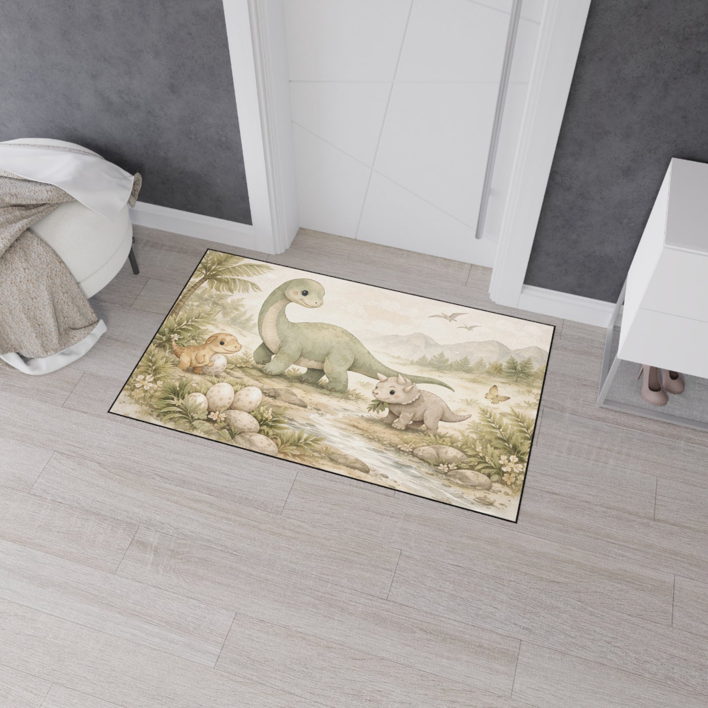 Dinosaur Nursery Area Rug — Vintage Pastel Brachiosaurus & Friends Playroom Decor