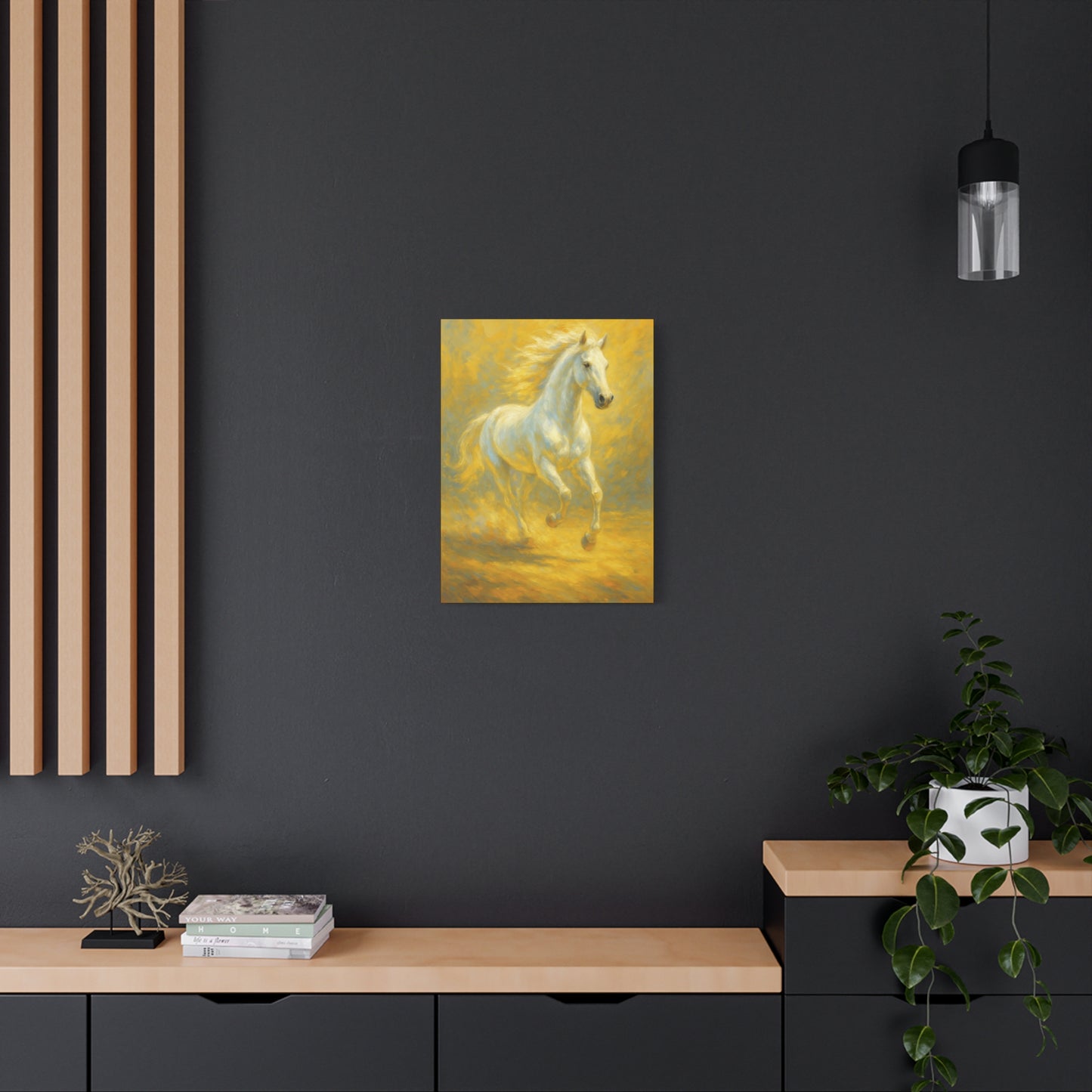 Running White Horse Matte Canvas Wall Art — Golden Equestrian Print