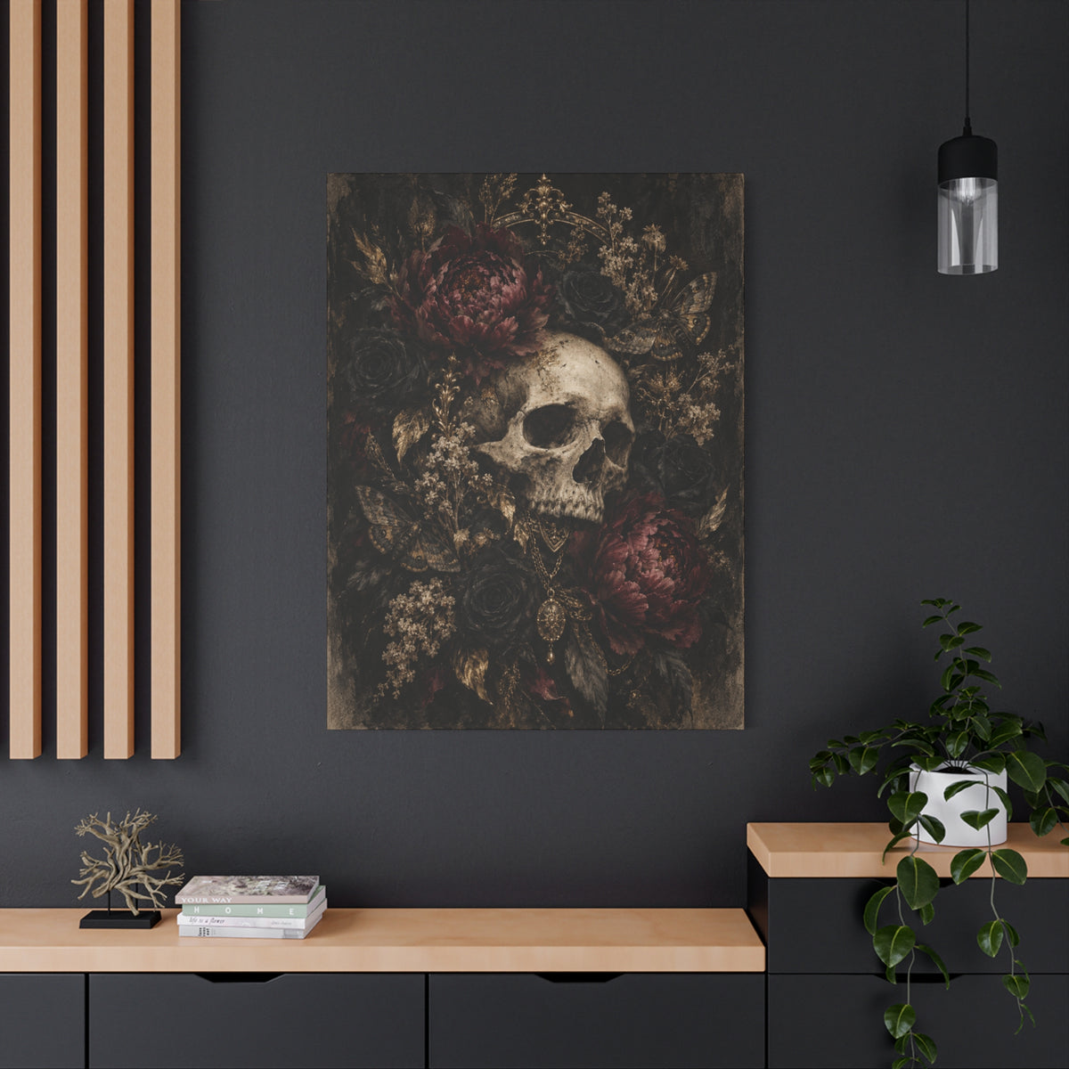 Gothic Skull & Peonies Canvas Wall Art —Velvet Mourning- Dark Floral Home Decor