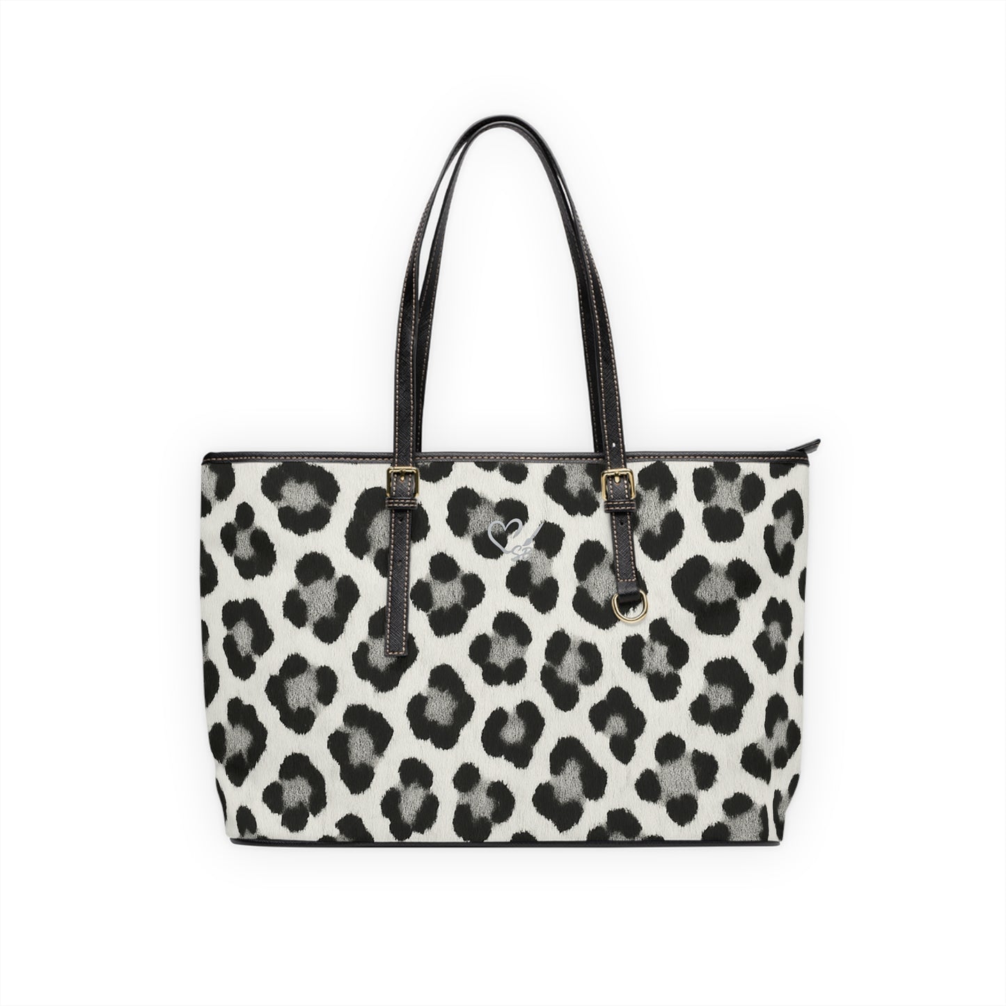 Snow Leopard Print PU Leather Shoulder Bag — Black & White Animal Print Tote