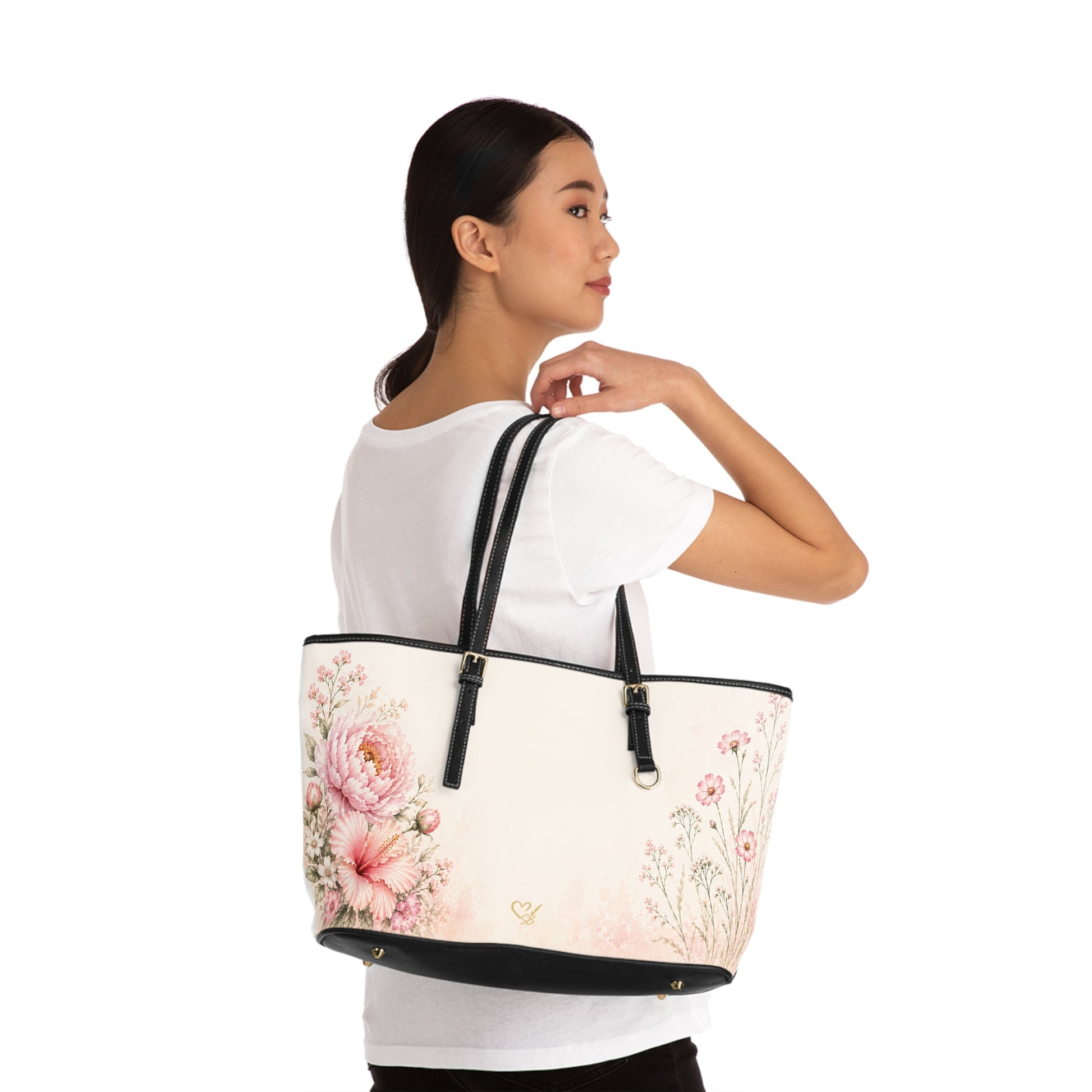Quiet Bloom PU leather shoulder bag lifestyle view – vintage pink peony floral handbag by the Soulful Brush
