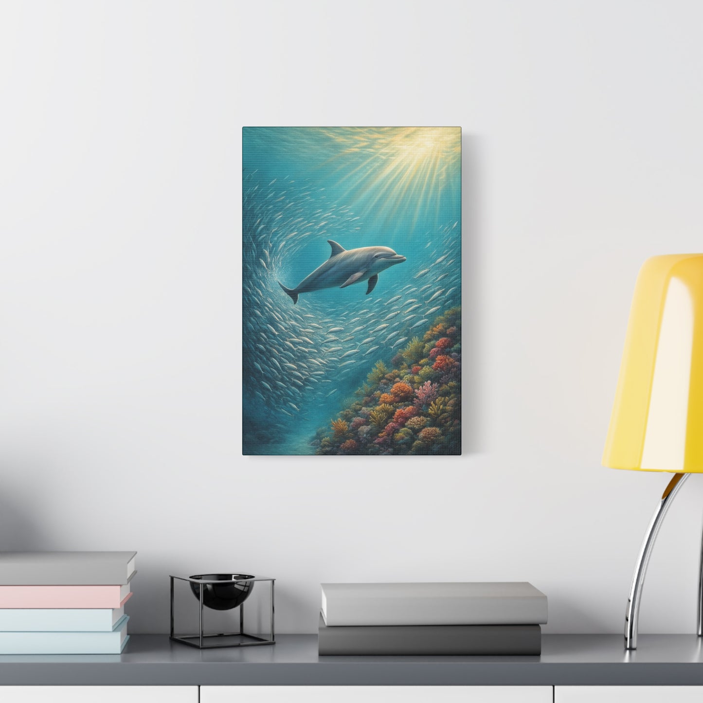 Estampa artística de delfín en el océano con paspartú — Arte de pared marino submarino