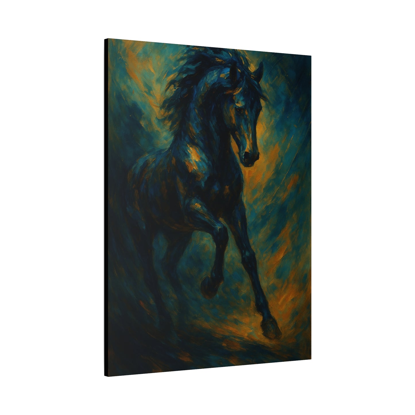 Lienzo Mate de Caballo Negro Galopando — Dramática Pintura Ecuestre