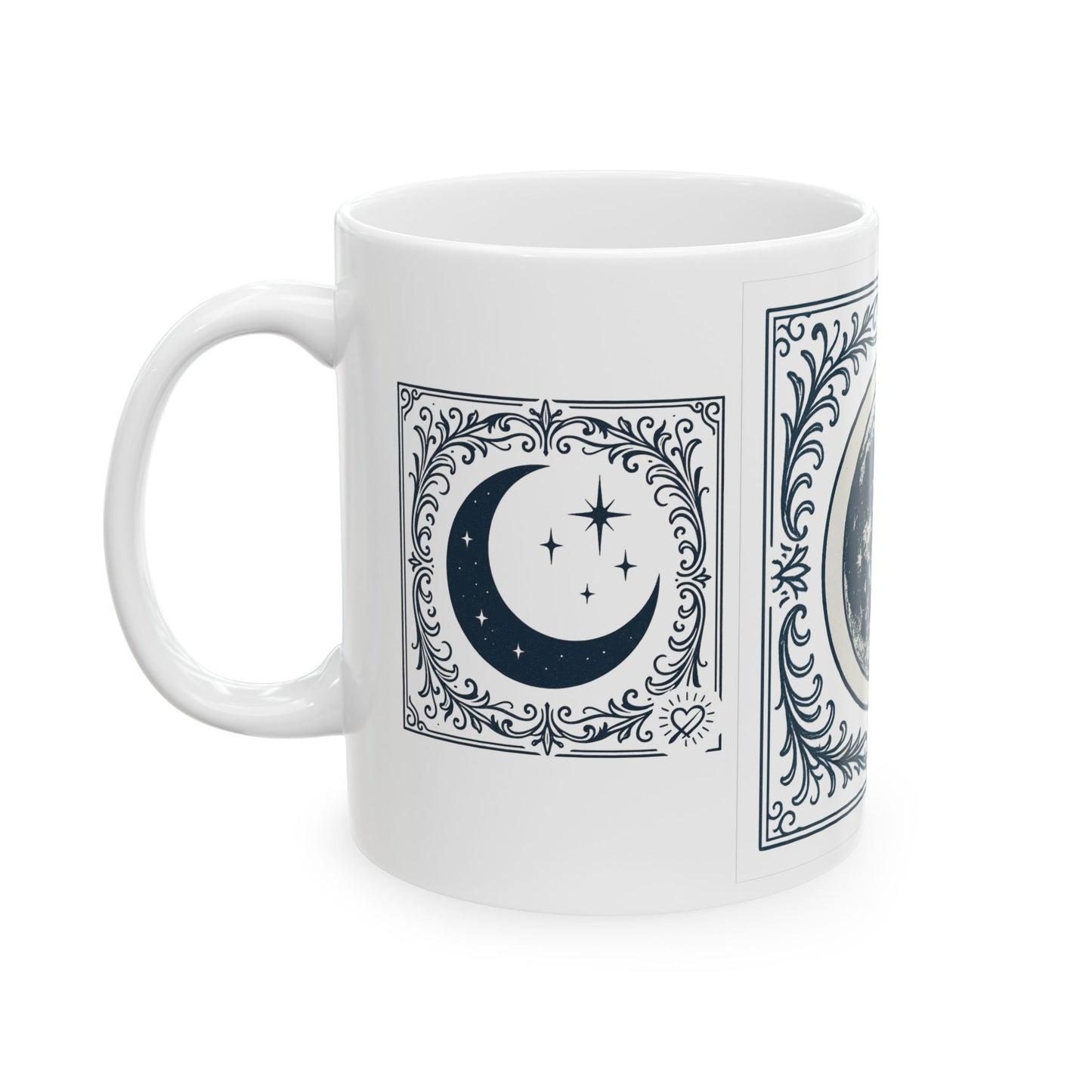 Taza de cerámica blanca con fases lunares — Taza de café artística lunar vintage (325 ml, 440 ml)