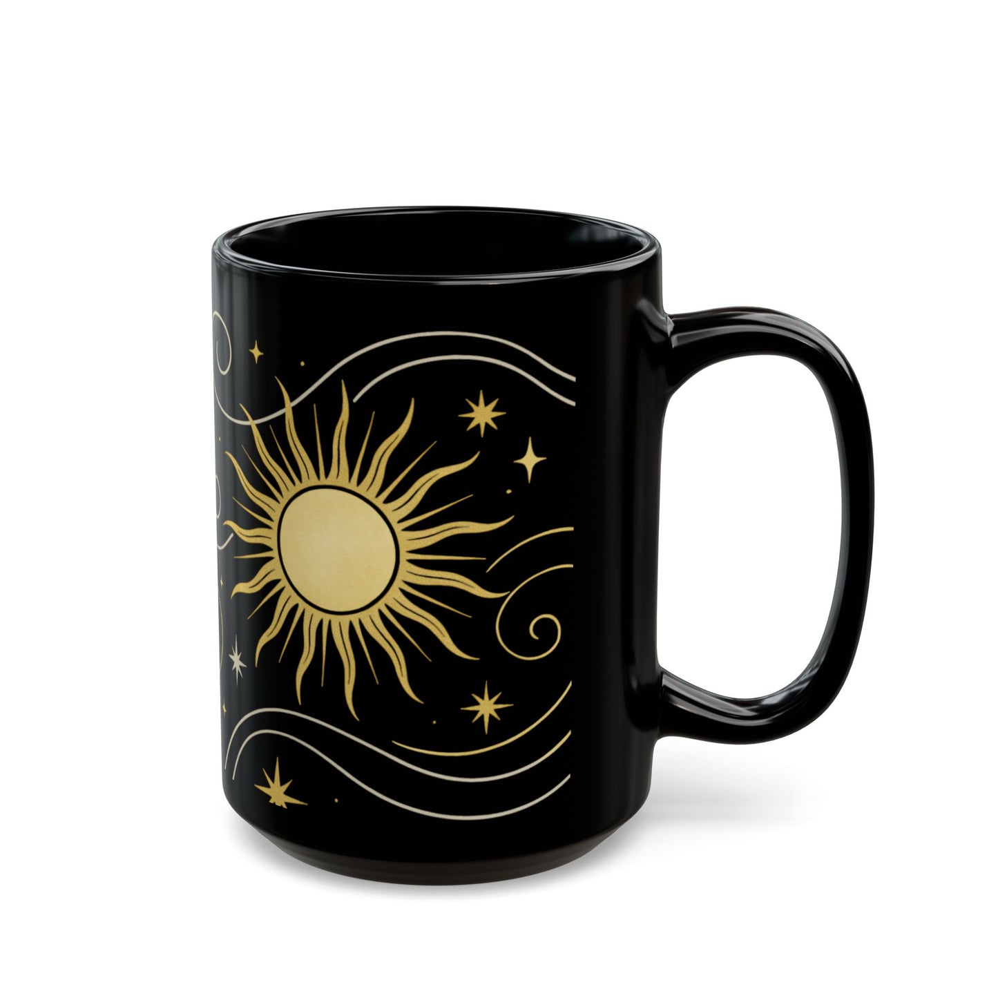 Astrology Sun & Stars Black Mug — Gold Celestial Coffee Cup (11oz/15oz)