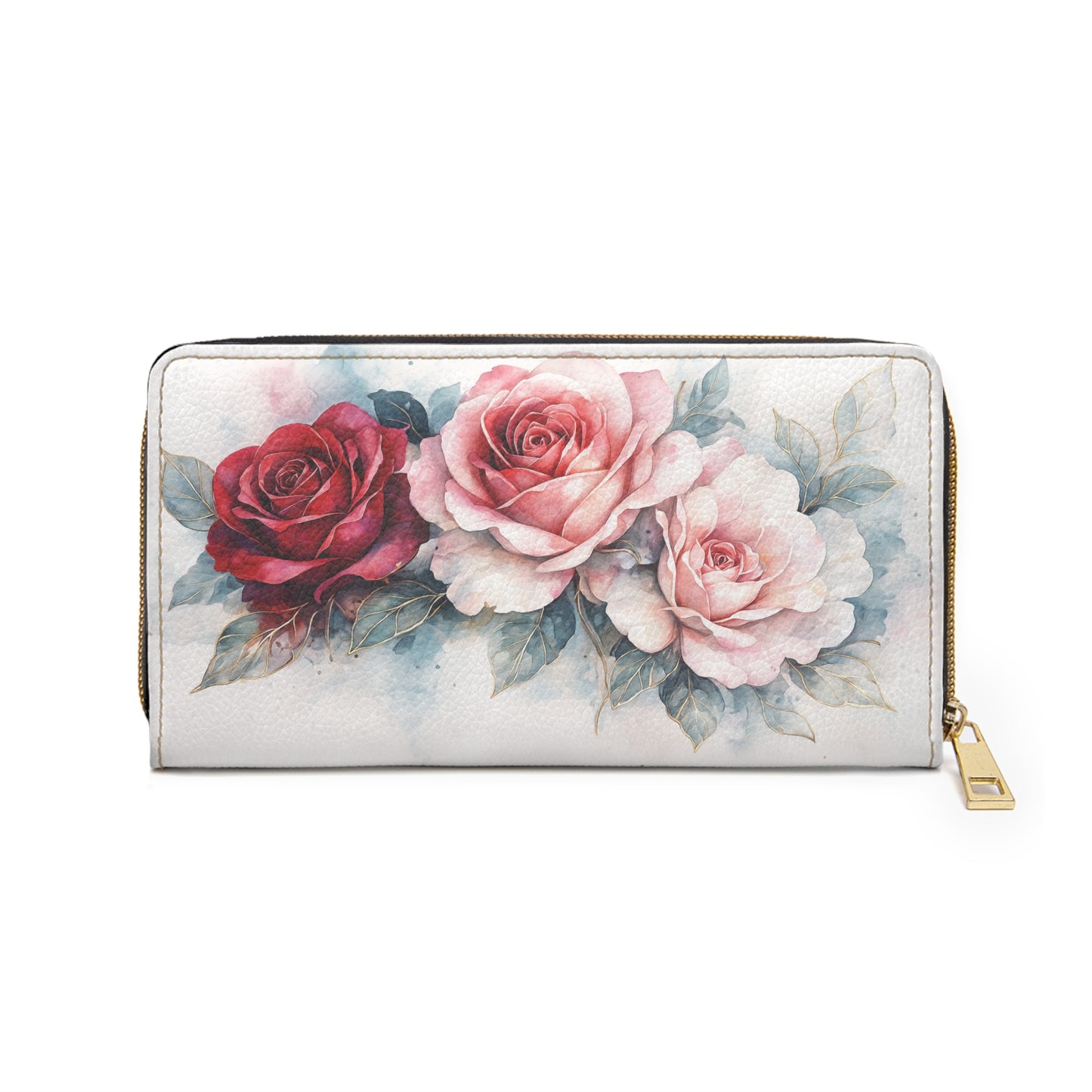 Rosie-Artisan Luxe  Zipper Wallet — Watercolor Pink & Red Roses Long Wallet