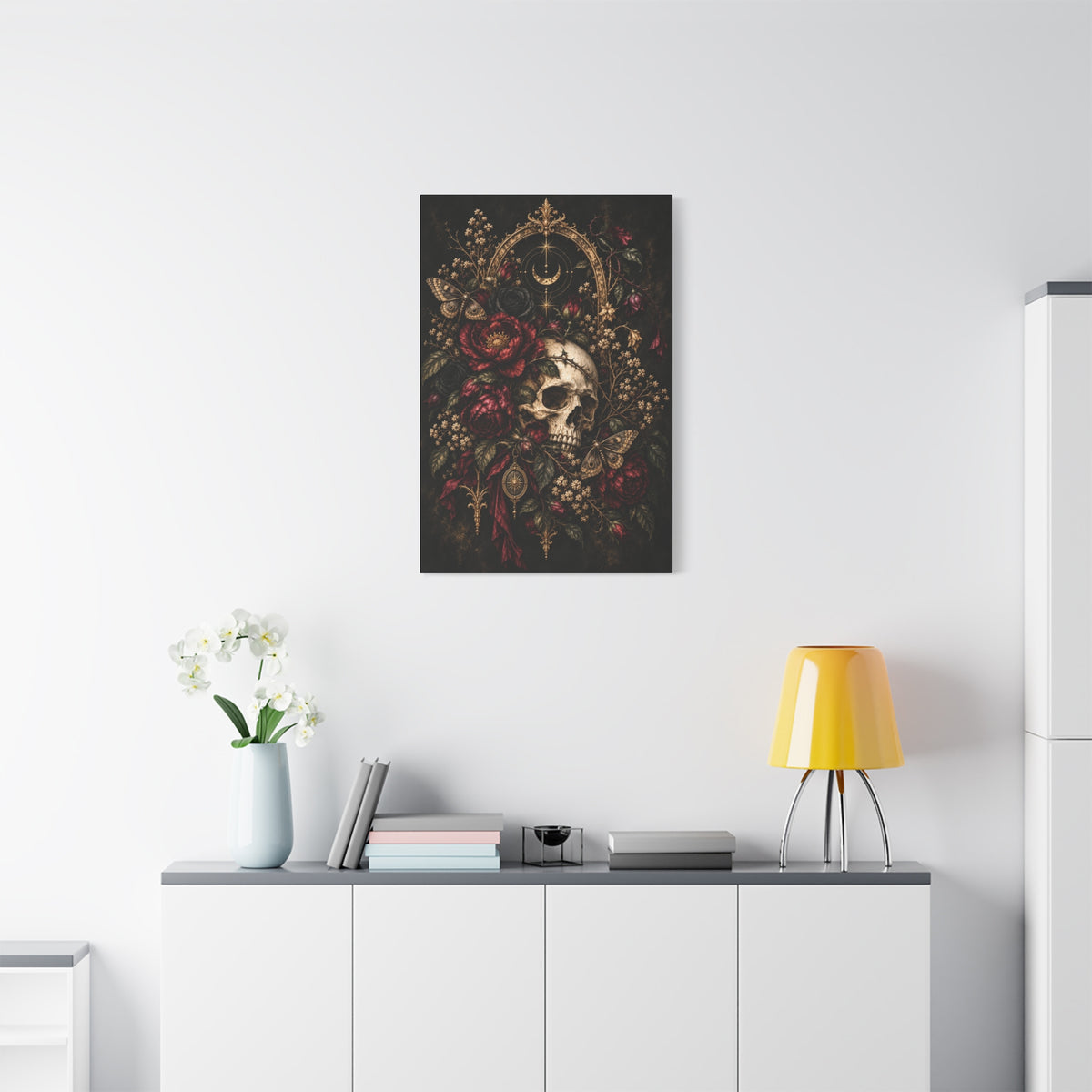 Skull & Roses Gothic Canvas Wall Art —Eclipsed Moon- Matte Stretched 1.25"