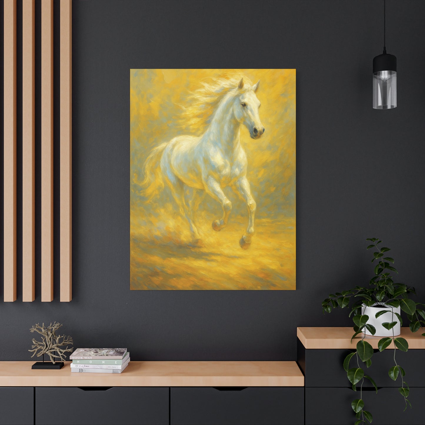 Running White Horse Matte Canvas Wall Art — Golden Equestrian Print