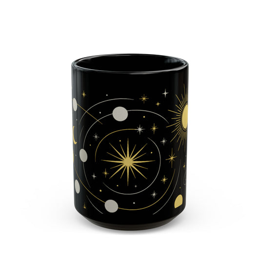 Astrology Sun & Stars Black Mug — Gold Celestial Coffee Cup (11oz/15oz)