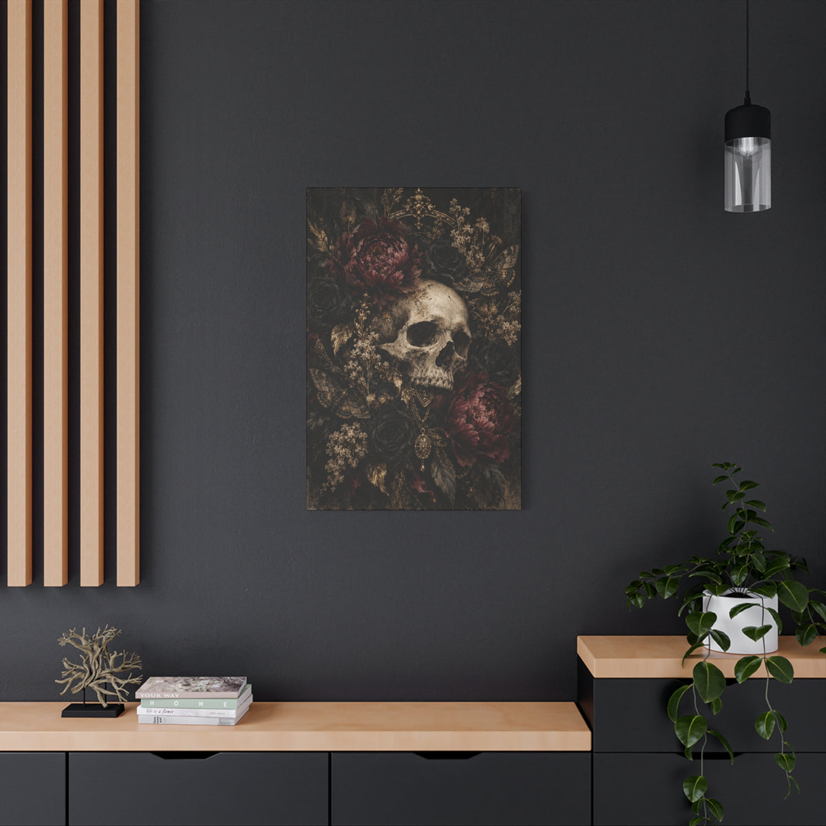 Gothic Skull & Peonies Canvas Wall Art —Velvet Mourning- Dark Floral Home Decor