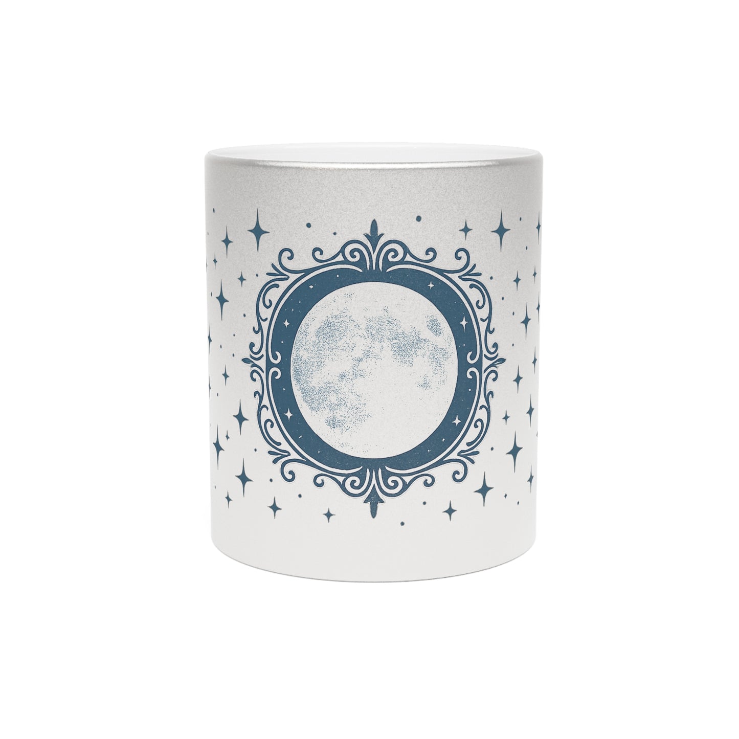 Taza Metálica Fase Lunar — Taza de Café Celestial Plateada/Dorada con Estrellas y Luna Creciente