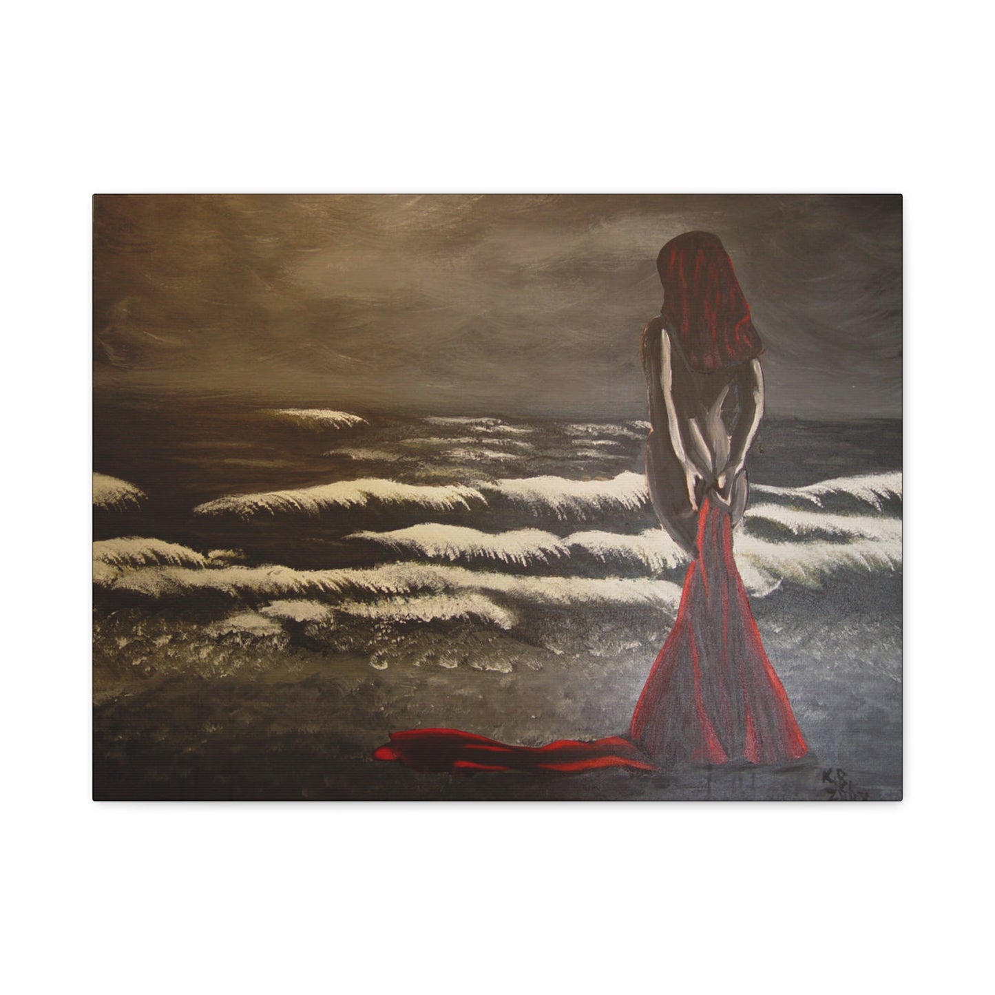 Lienzo "Mujer Dramática en la Costa" - Lámina Artística de Playa con Vestido Rojo