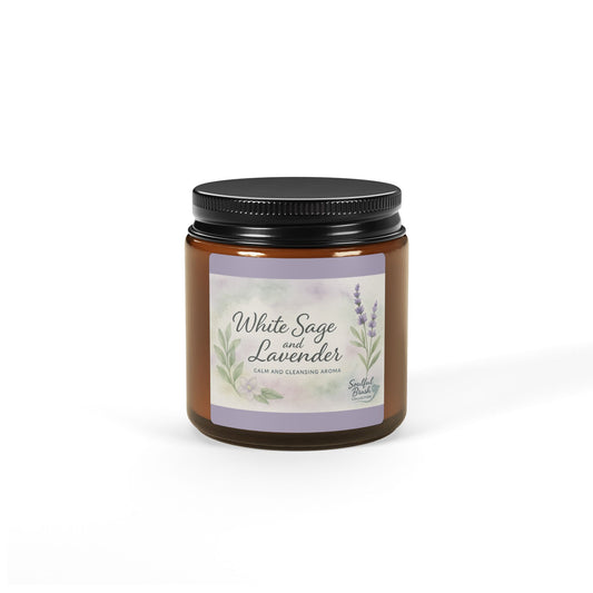 White Sage & Lavender Soy Candle – Amber Jar, 4oz & 9oz