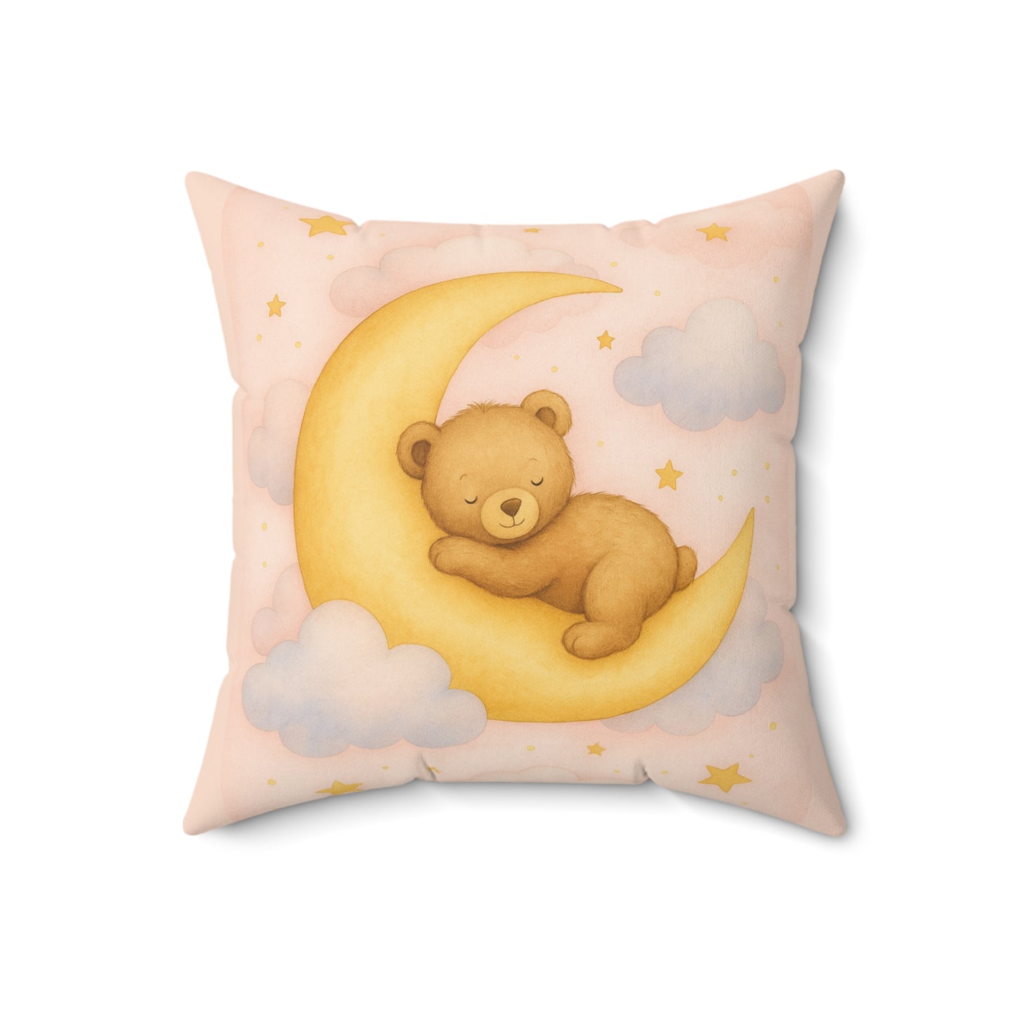 Teddy and Moon -Pink Pillow — Faux Suede Baby Decorative Pillow
