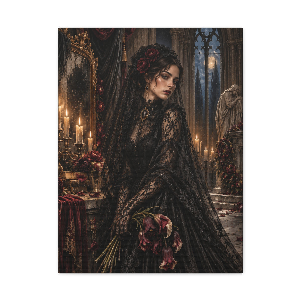 Gothic Mourning Lady Matte Canvas Print — Rose for the Departed-Victorian Dark Romantic Wall Art