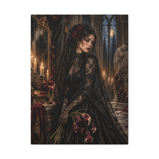 Gothic Mourning Lady Matte Canvas Print — Rose for the Departed-Victorian Dark Romantic Wall Art
