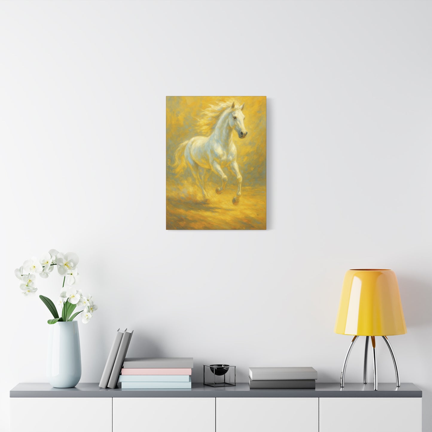 Running White Horse Matte Canvas Wall Art — Golden Equestrian Print