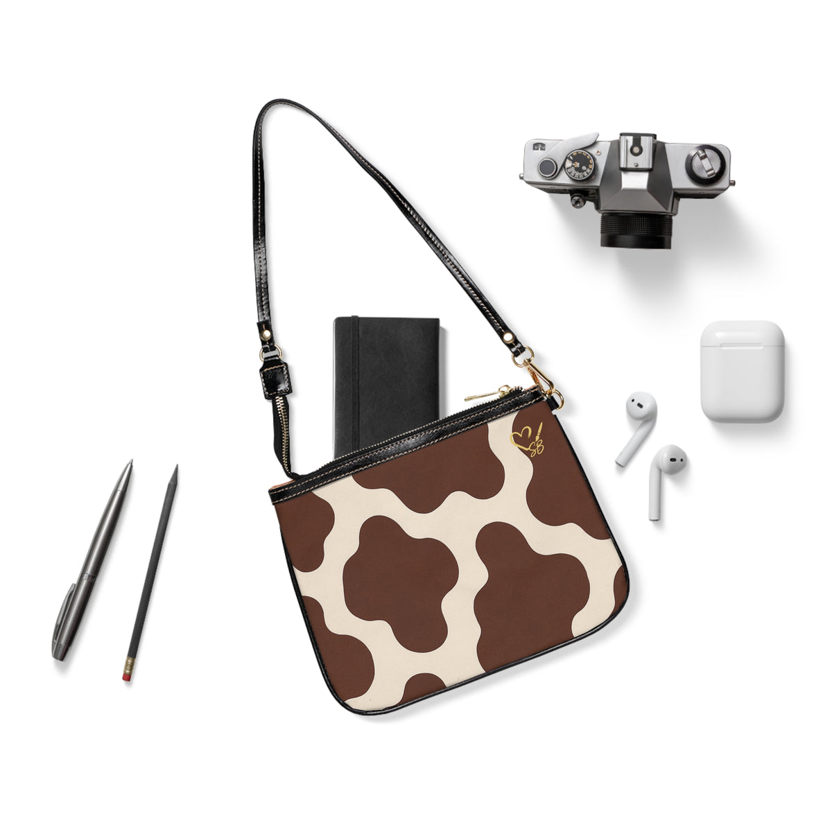 Brown Cow Print Small Shoulder Bag — Brown Retro Pattern Crossbody Purse