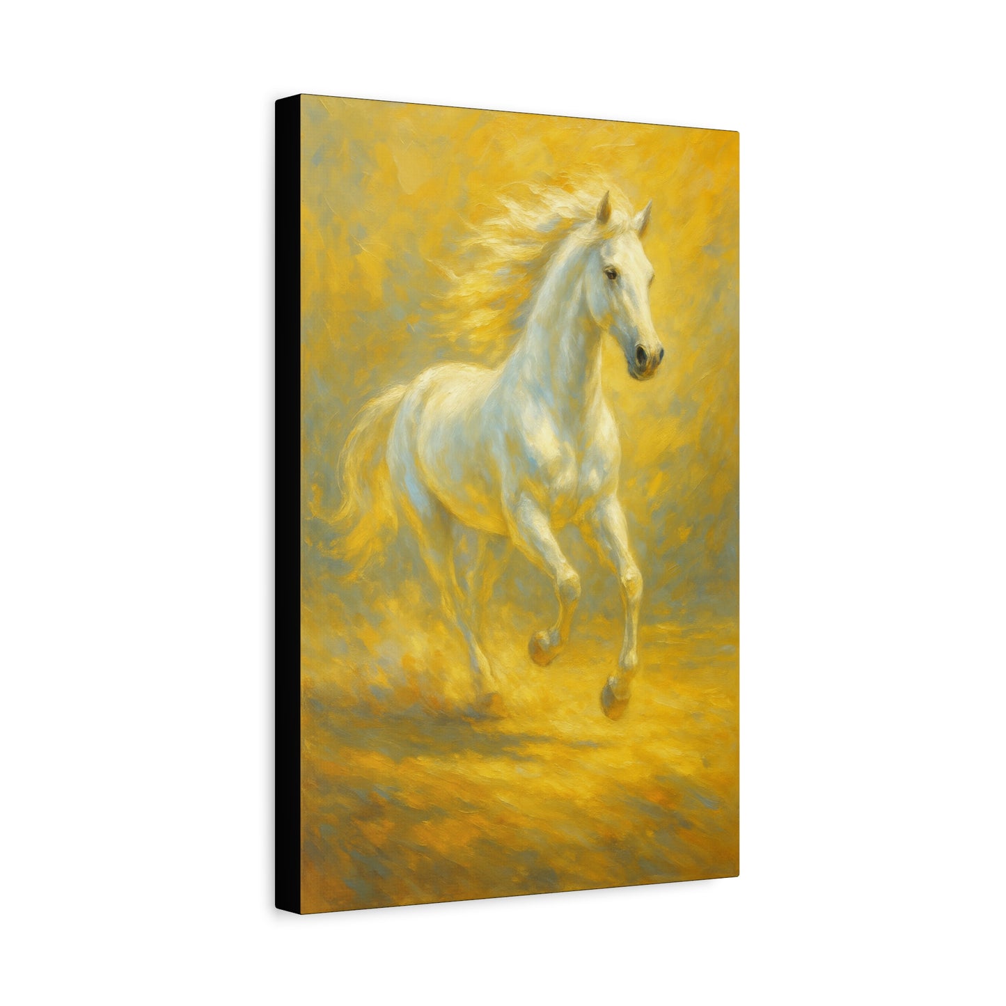 Running White Horse Matte Canvas Wall Art — Golden Equestrian Print