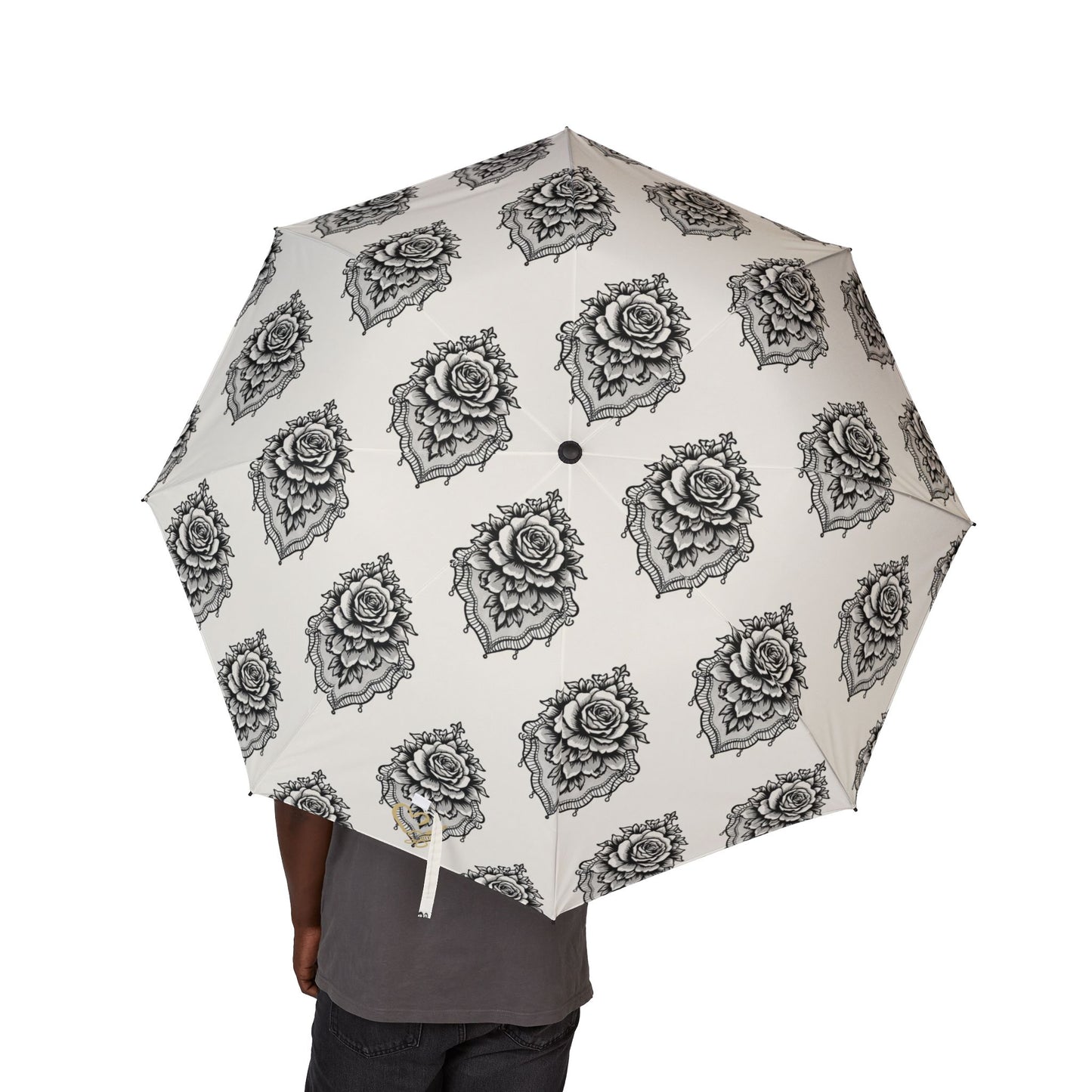 Veiled Rose-Foldable Umbrella — Black Floral Mandala Pattern, Semi‑Automatic Compact Rain Umbrella