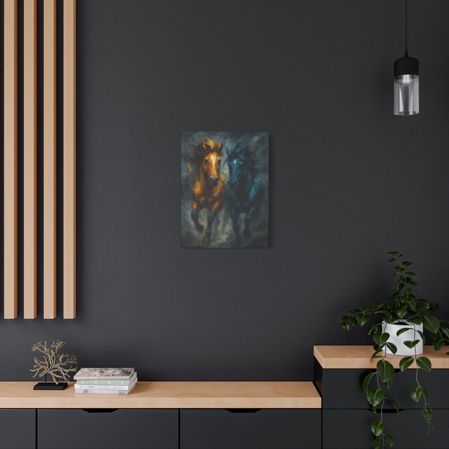Running Horses Matte Canvas Wall Art — Abstract Gold & Blue Horse Painting