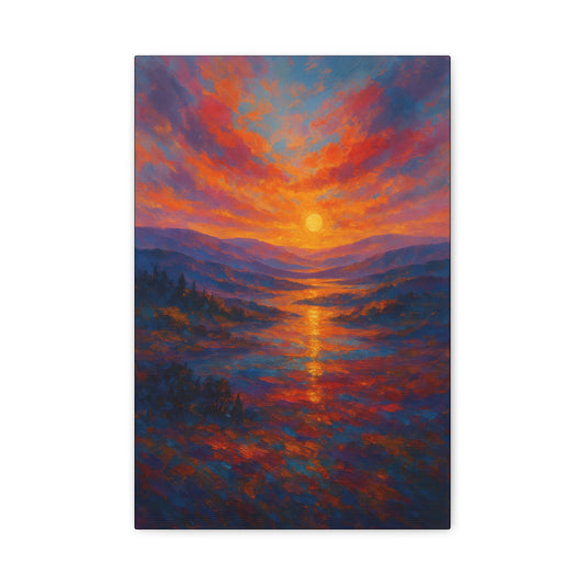 Lienzo de pared con la puesta de sol sobre las montañas — Lienzo mate con un vibrante paisaje de puesta de sol