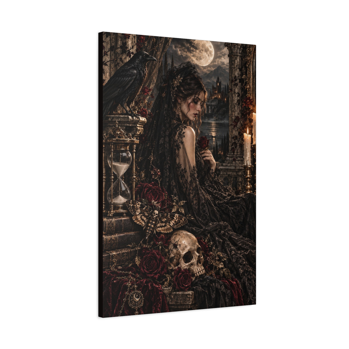 Gothic Mourning Matte Canvas Wall Art —Cathedral Sorrows -Dark Victorian Lady with Skull & Roses