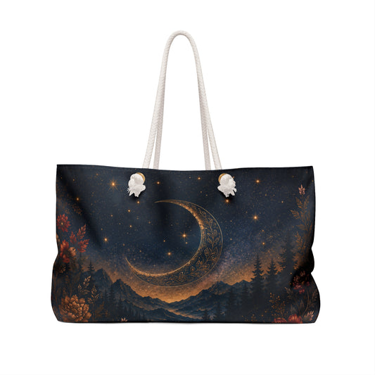 Moonlit Forest Weekender Bag — Crescent Moon Night Sky Travel Tote