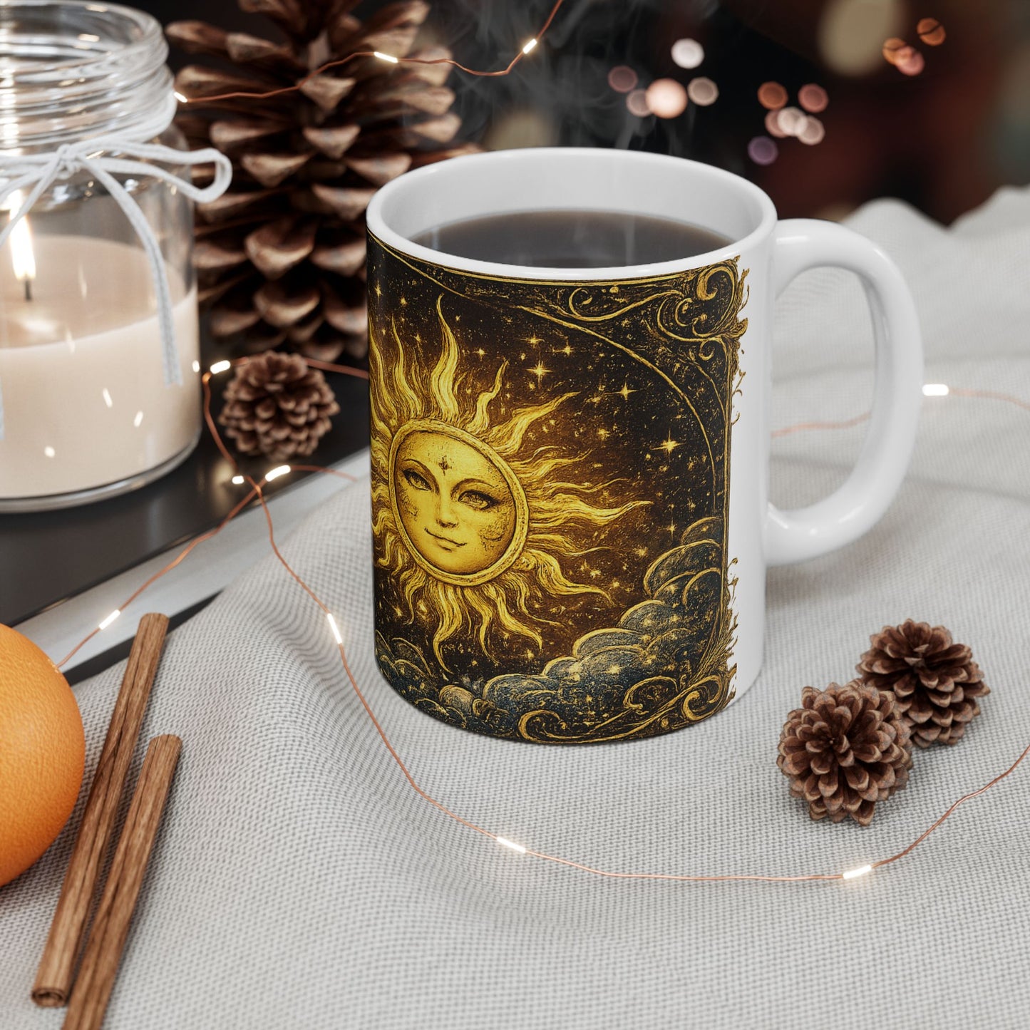 Sun & Moon White Ceramic Mug — Vintage Celestial Astrology Coffee Cup (11oz/15oz)