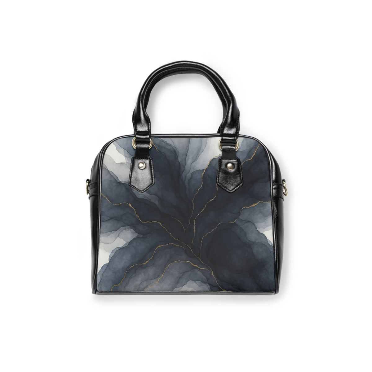 Marble Ink Shoulder Handbag — Elegant Black & Gold Abstract Print