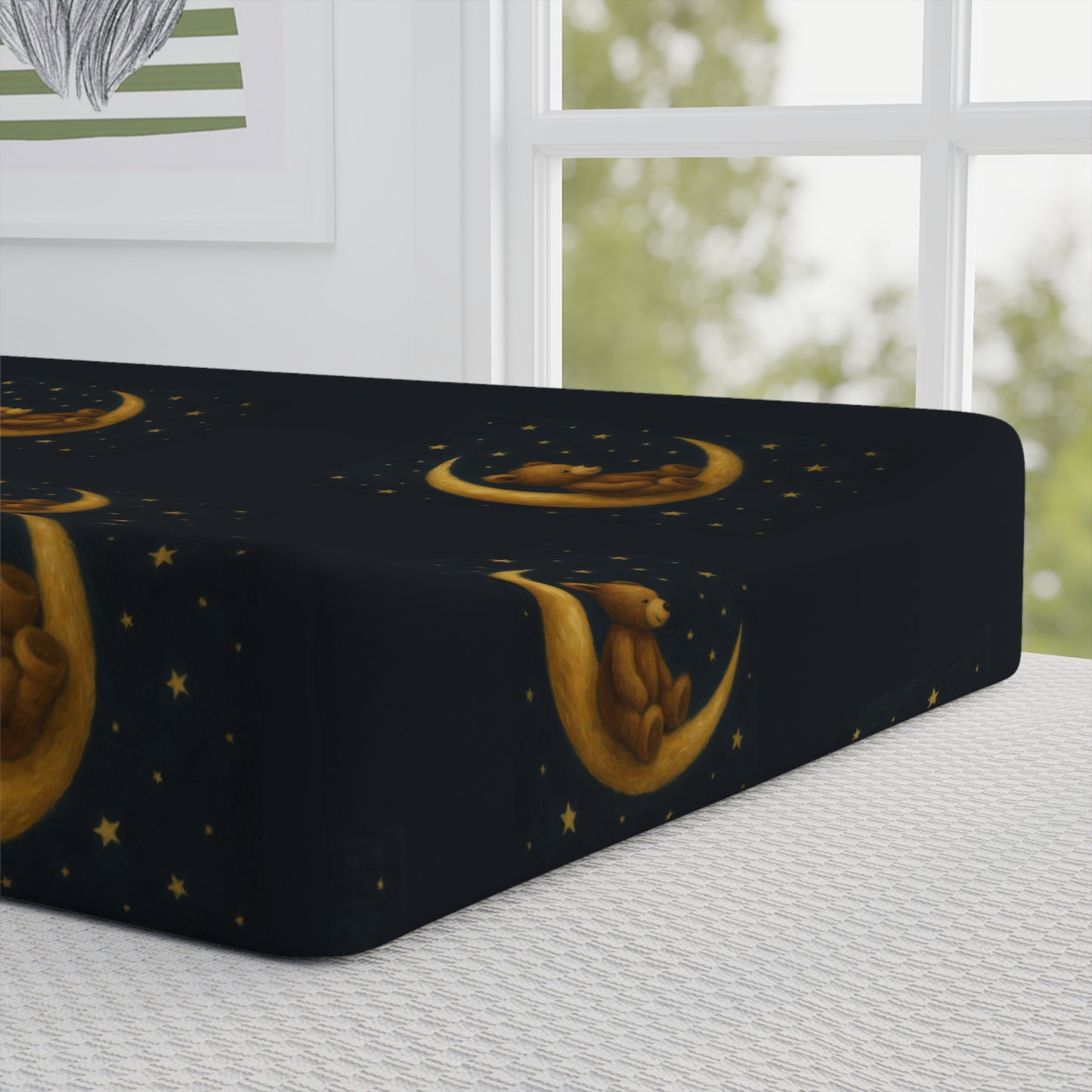 To the Moon 3 – Funda para cambiador de bebé | Celestial Dreams – Estampado de luna creciente dorada para guardería