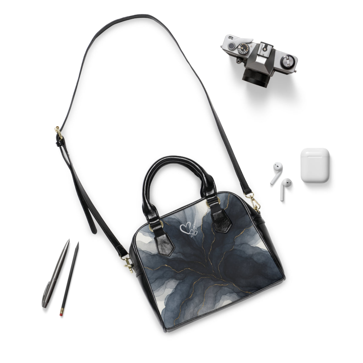 Marble Ink Shoulder Handbag — Elegant Black & Gold Abstract Print