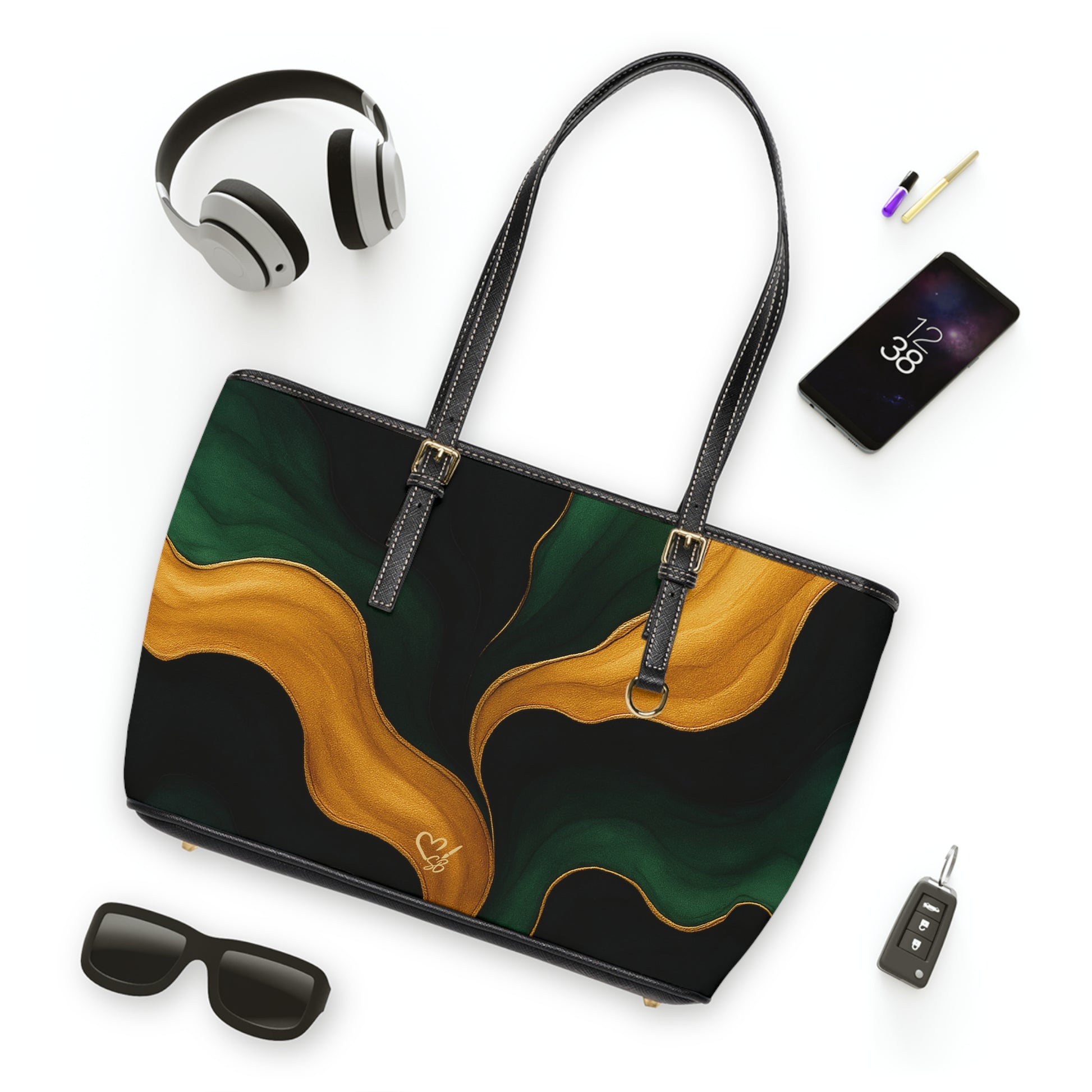 Miranda Artisan Luxe PU leather shoulder bag 16x10 flat lay – emerald and gold abstract print everyday shoulder bag by the Soulful Brush
