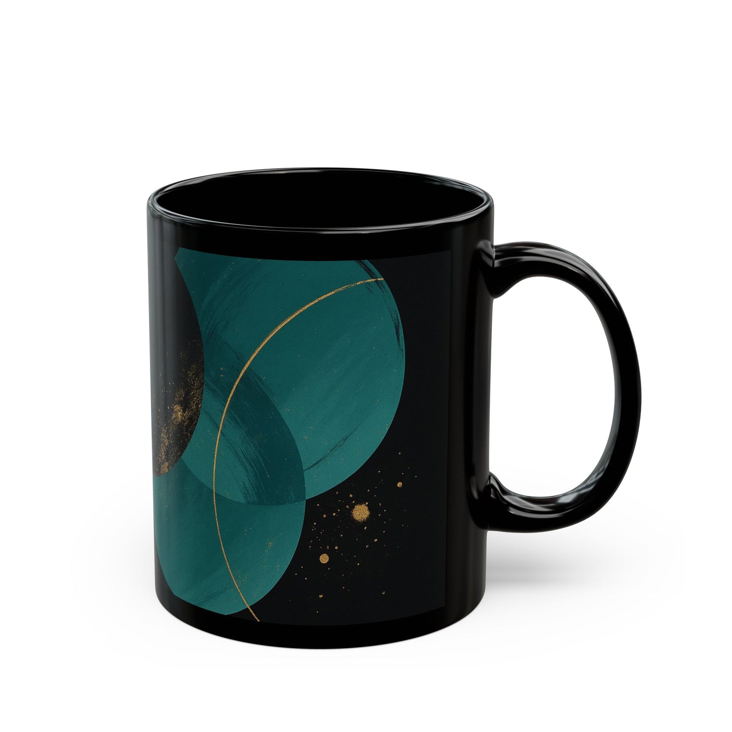 Abstract 1 -Soulful Collection-Teal & Gold Orb Black Coffee Mug — Modern Geometric Ceramic Cup (11oz/15oz)
