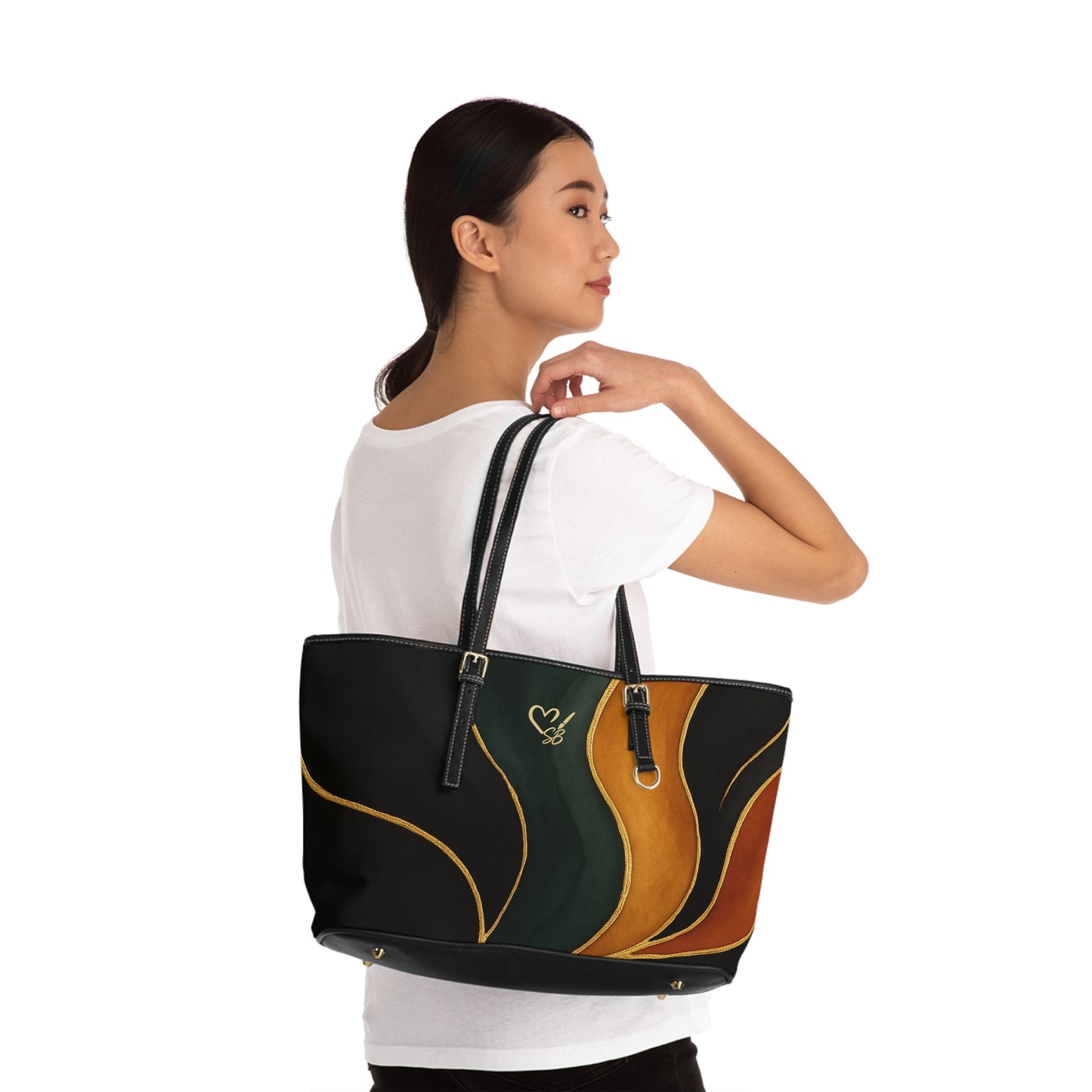 Vivian Artisan Luxe PU leather shoulder bag 16x10 lifestyle shot – earthy green burnt orange wearable art tote by the Soulful Brush
