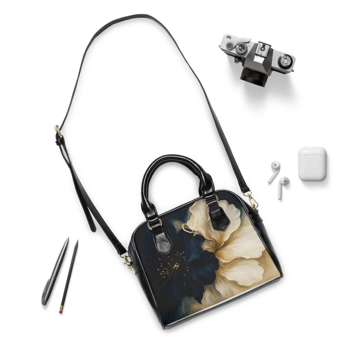 Floral Shoulder Handbag – Elegant Black & Cream Bloom Print
