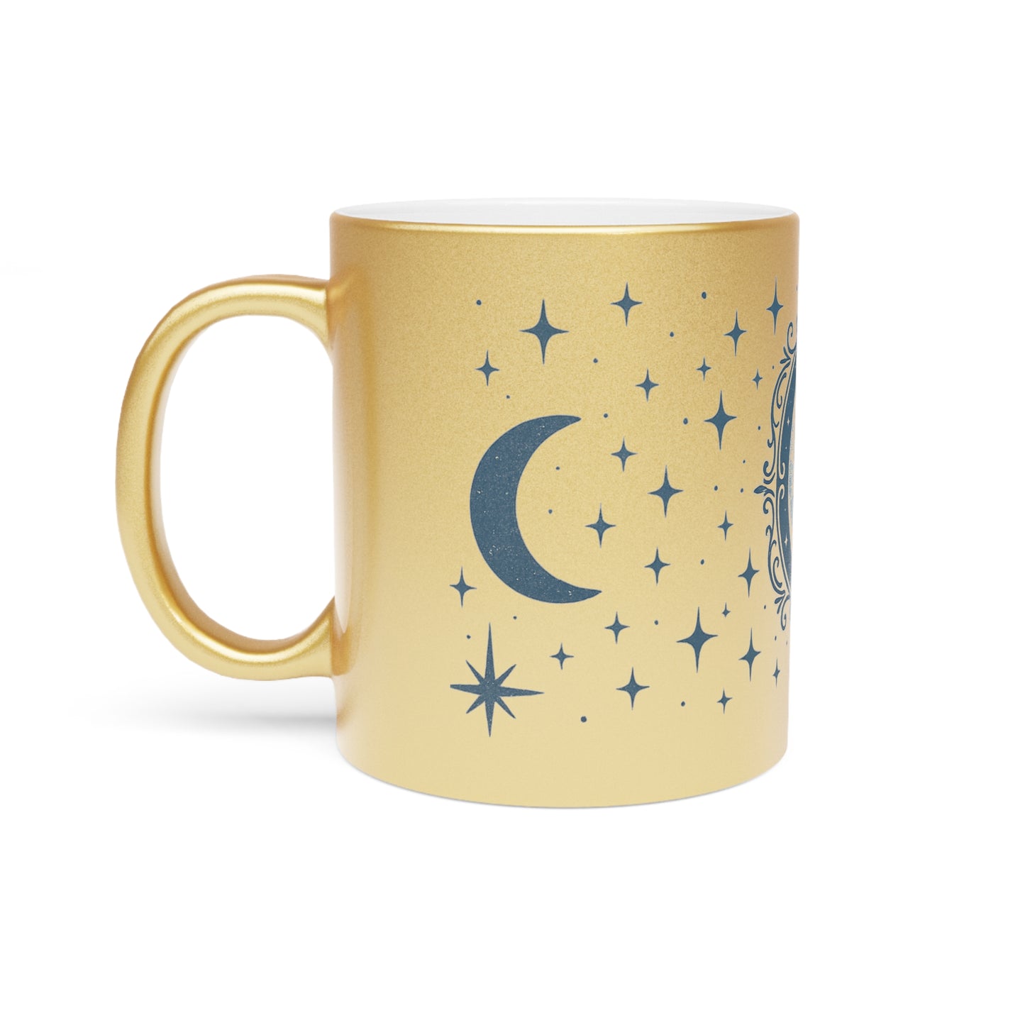 Taza Metálica Fase Lunar — Taza de Café Celestial Plateada/Dorada con Estrellas y Luna Creciente