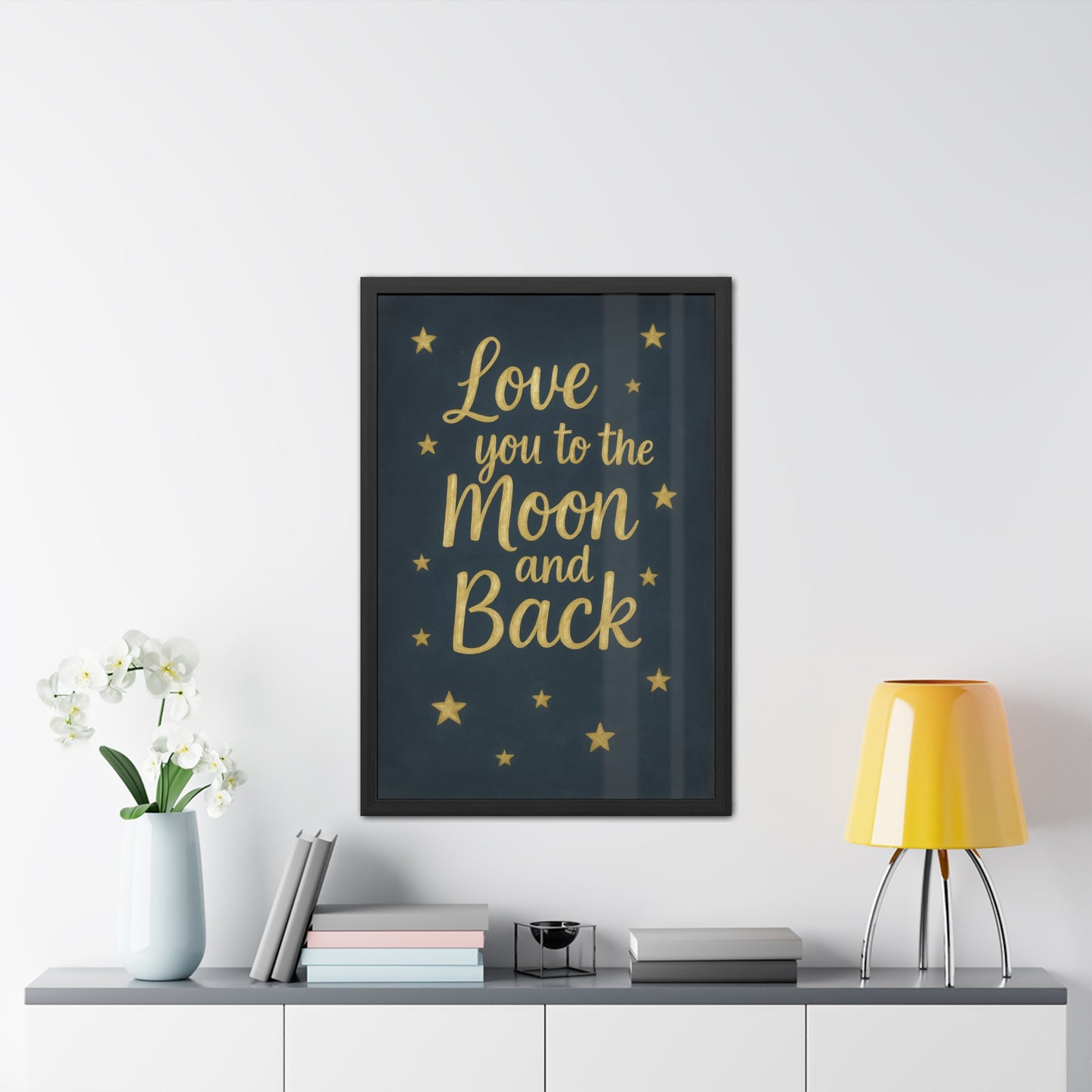 To the Moon and Back-Framed Poster - Gold Script Wall Art (Nursery, Baby Shower, Romantic Gift)-Celestial Dreams