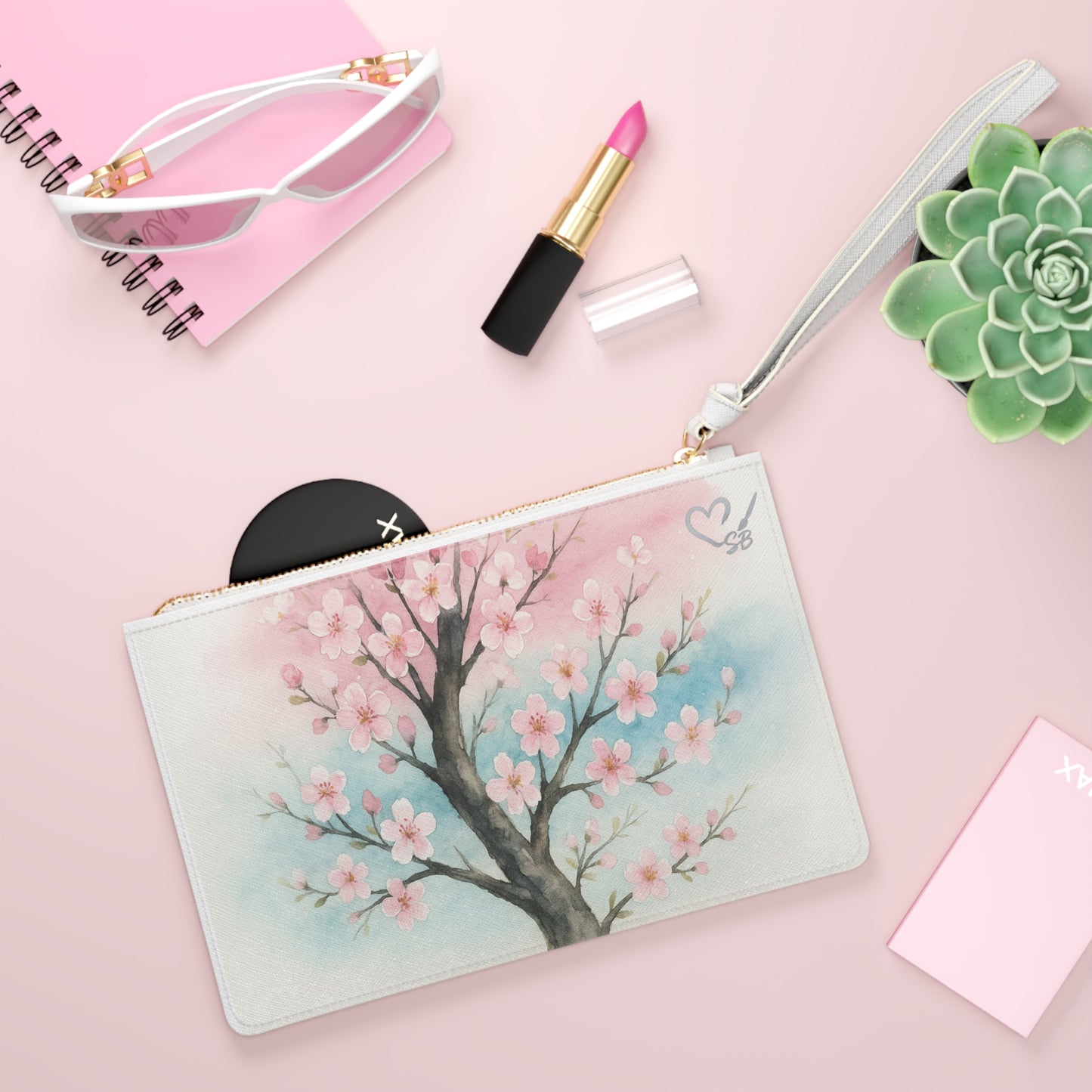 Cherry Blossom Clutch Bag — Echoes of the Masters Collection — Watercolor Floral Wristlet