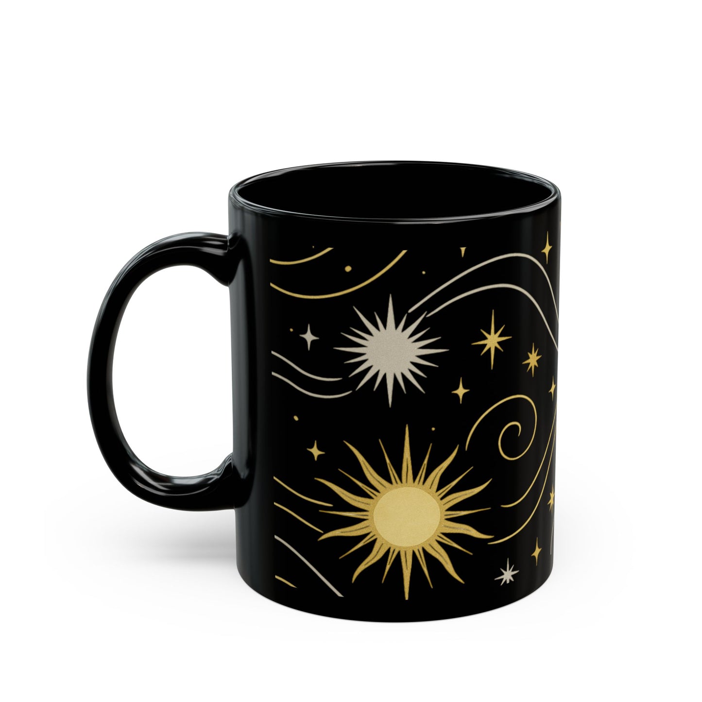 Astrology Sun & Stars Black Mug — Gold Celestial Coffee Cup (11oz/15oz)