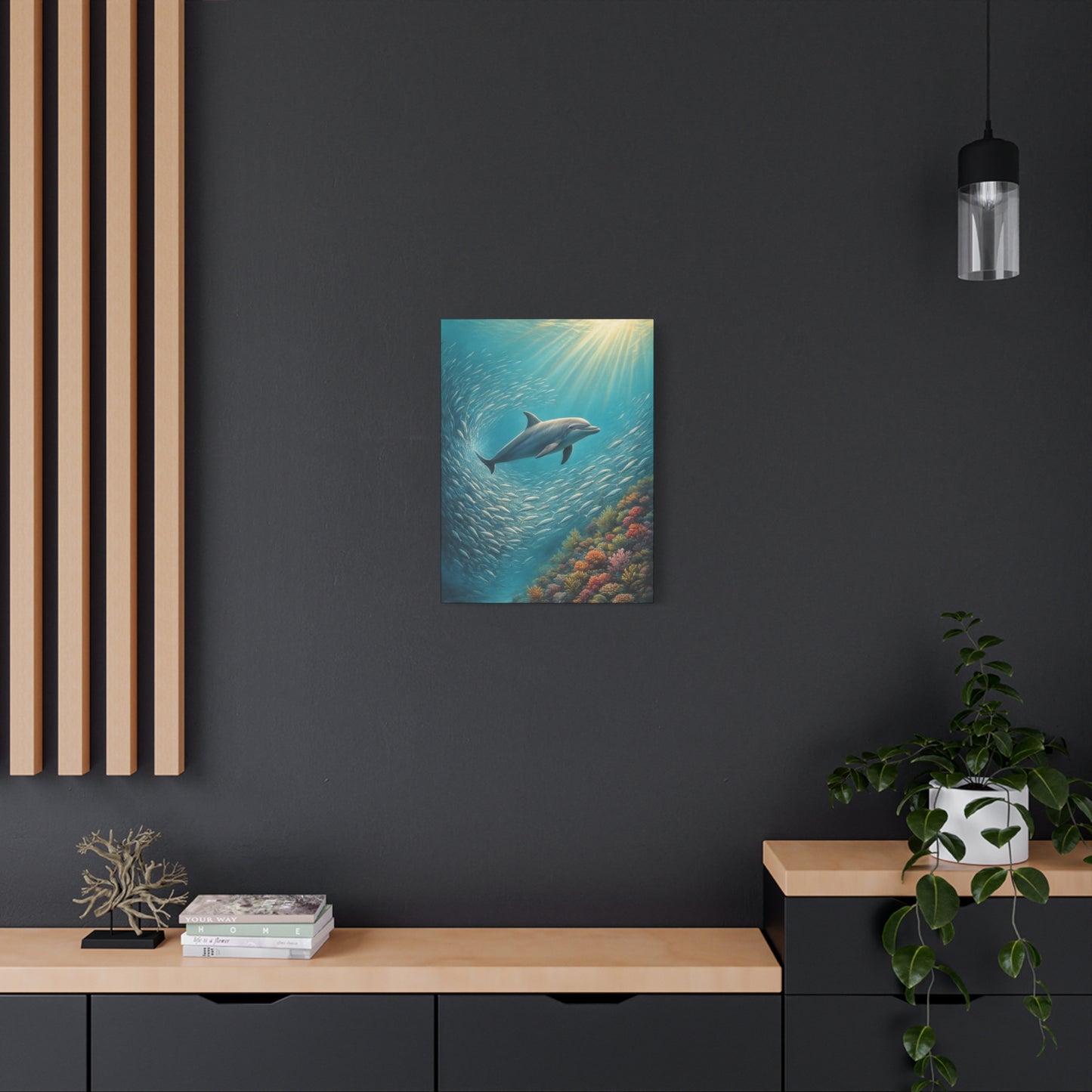 Estampa artística de delfín en el océano con paspartú — Arte de pared marino submarino