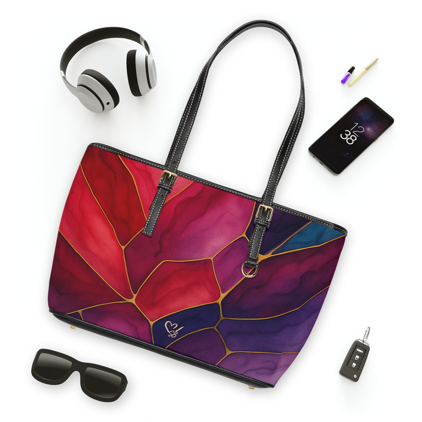 Shelby Artisan Luxe stained glass floral PU leather shoulder tote flat view – vibrant jewel-tone floral print structured tote by the Soulful Brush
